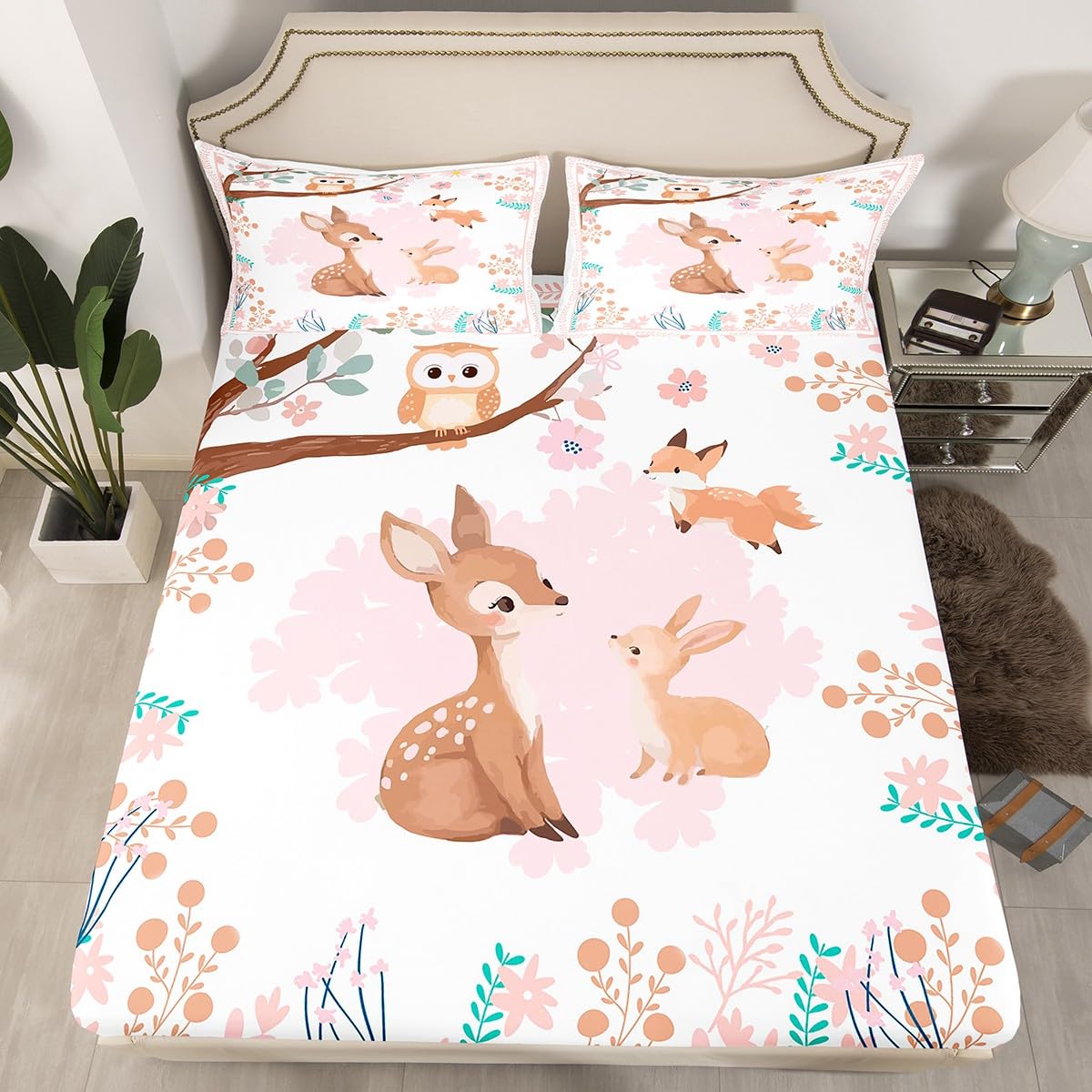jejeloiu Cute Sika Deer Bedding Sheets Queen Size Pink Flower Bed Sheet Set for Kids Boys Girls Fairytale Theme Fitted Sheet Kawaii Owl Bed Cover 3Pcs,1 Fitted Sheet+2 Pillow Sham（No Flat Sheet）