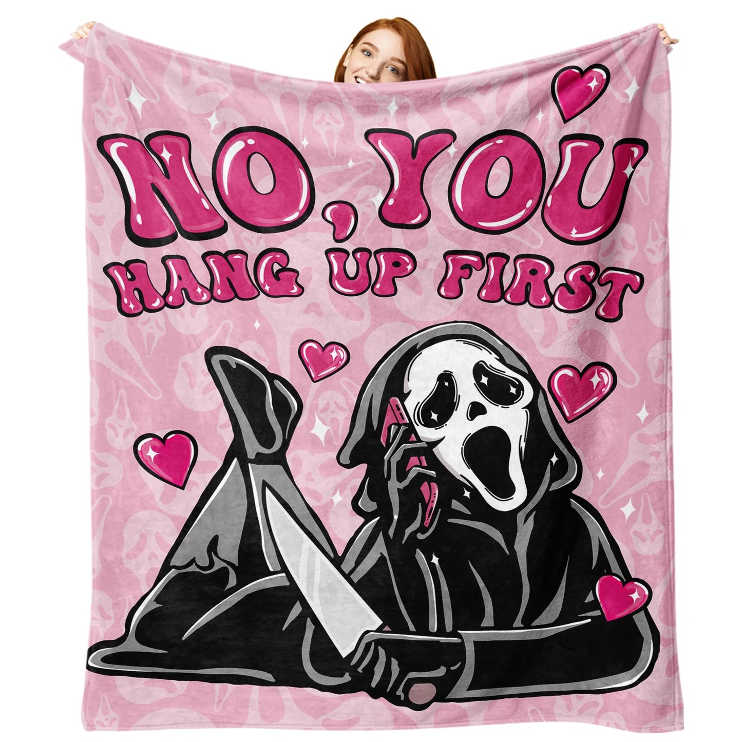 Paayna Grim Reaper Pink Horror Flannel Throw Blanket, No You Hang up First Funny for Kids Men Women, Romantic Love Heart Soft Blankets for Bedding Sofa 50 x 60 Inches