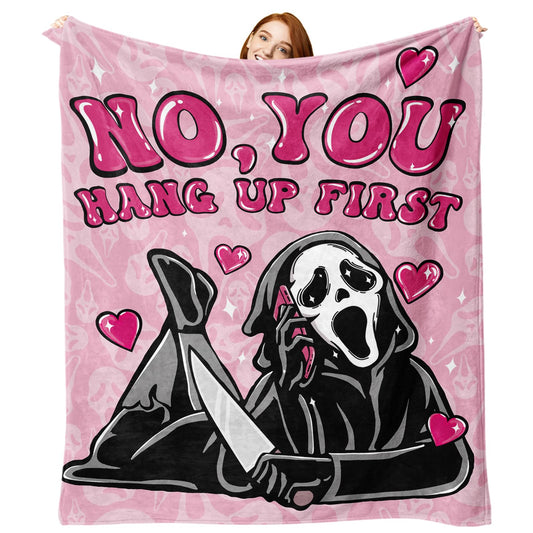 Paayna Grim Reaper Pink Horror Flannel Throw Blanket, No You Hang up First Funny for Kids Men Women, Romantic Love Heart Soft Blankets for Bedding Sofa 50 x 60 Inches