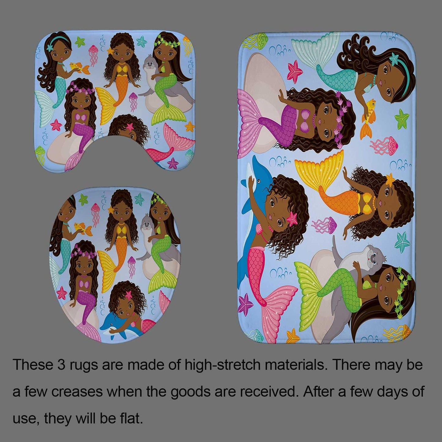 Jayden Madge 4PCS Black Mermaid Shower Curtain Set, African American Women Afro Girl Melanin Princess Underwater Jellyfish Starfish Dolphin Seal Girly Kids Bathroom Decor, Non-slip Bath Mat Toilet Rug
