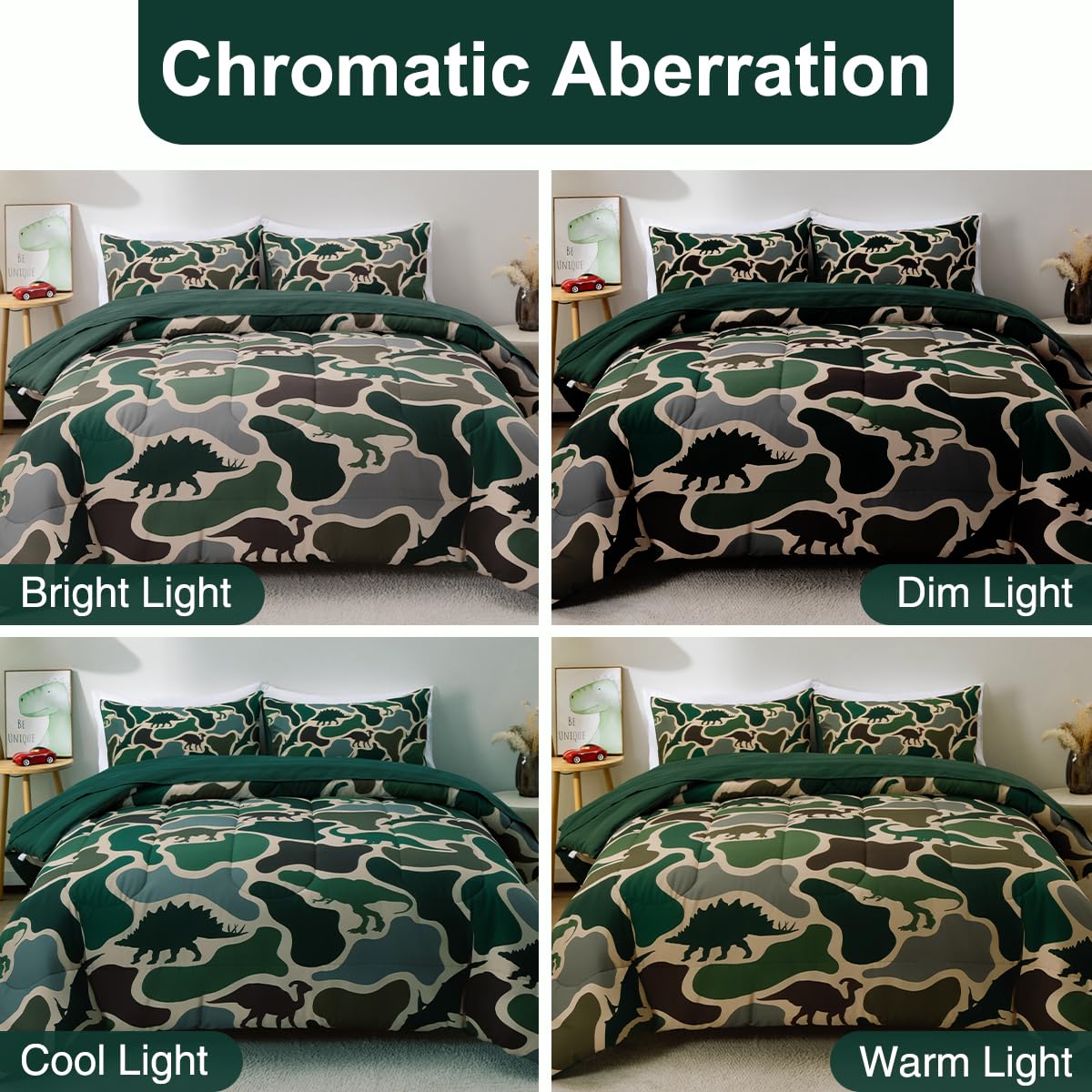 Holawakaka Boys Dinosaur Camouflage Comforter Set with Sheets, Queen Size Army Green Camo Bedding Sets for Kids Teens Bed-in-a-Bag 5 Pieces for Dorm Bedroom Cabin Lodge
