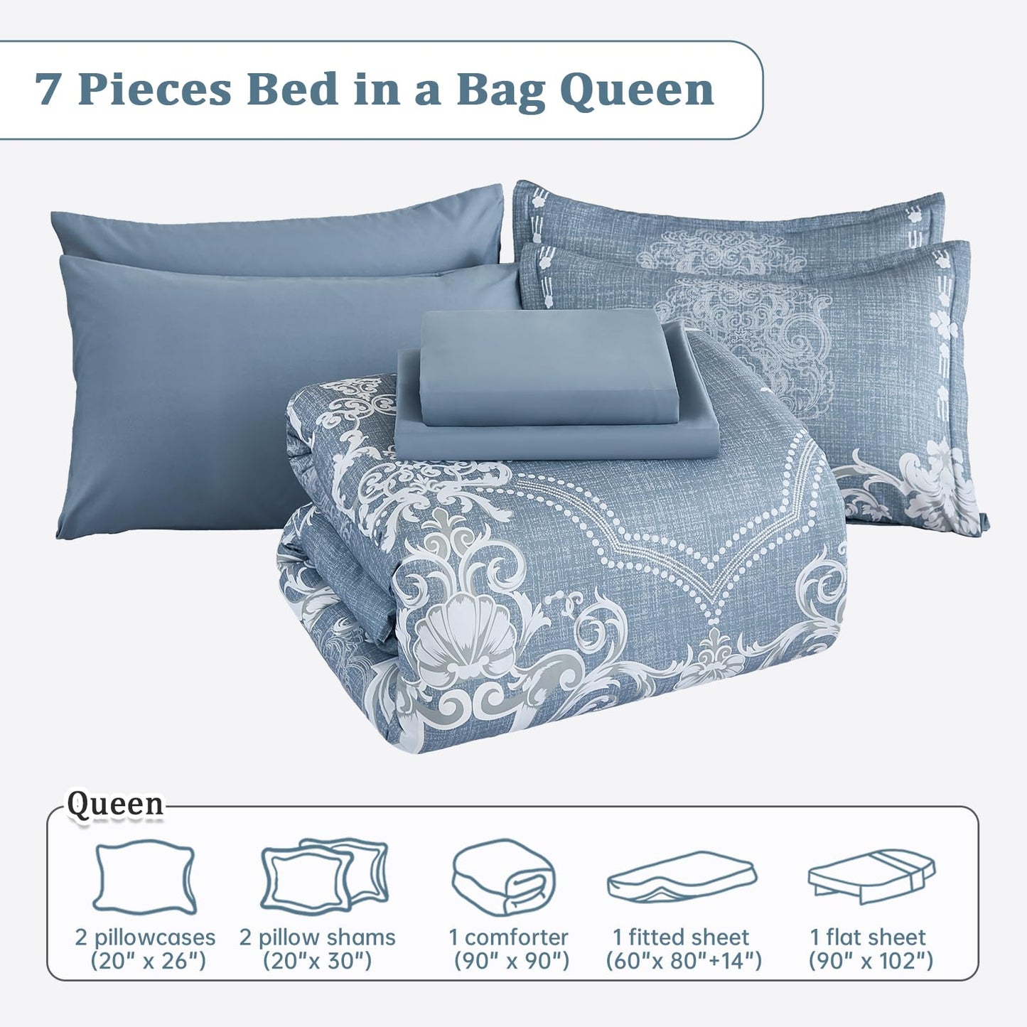 Mybedsoul Bluish Grey Queen Comforter Set, 7 Pieces Boho Bed in a Bag for Queen Bed, Damask Comforter with Sheets Pillowcases, Soft Microfiber Lightweight Bedding Sets for All Season(90"x90")