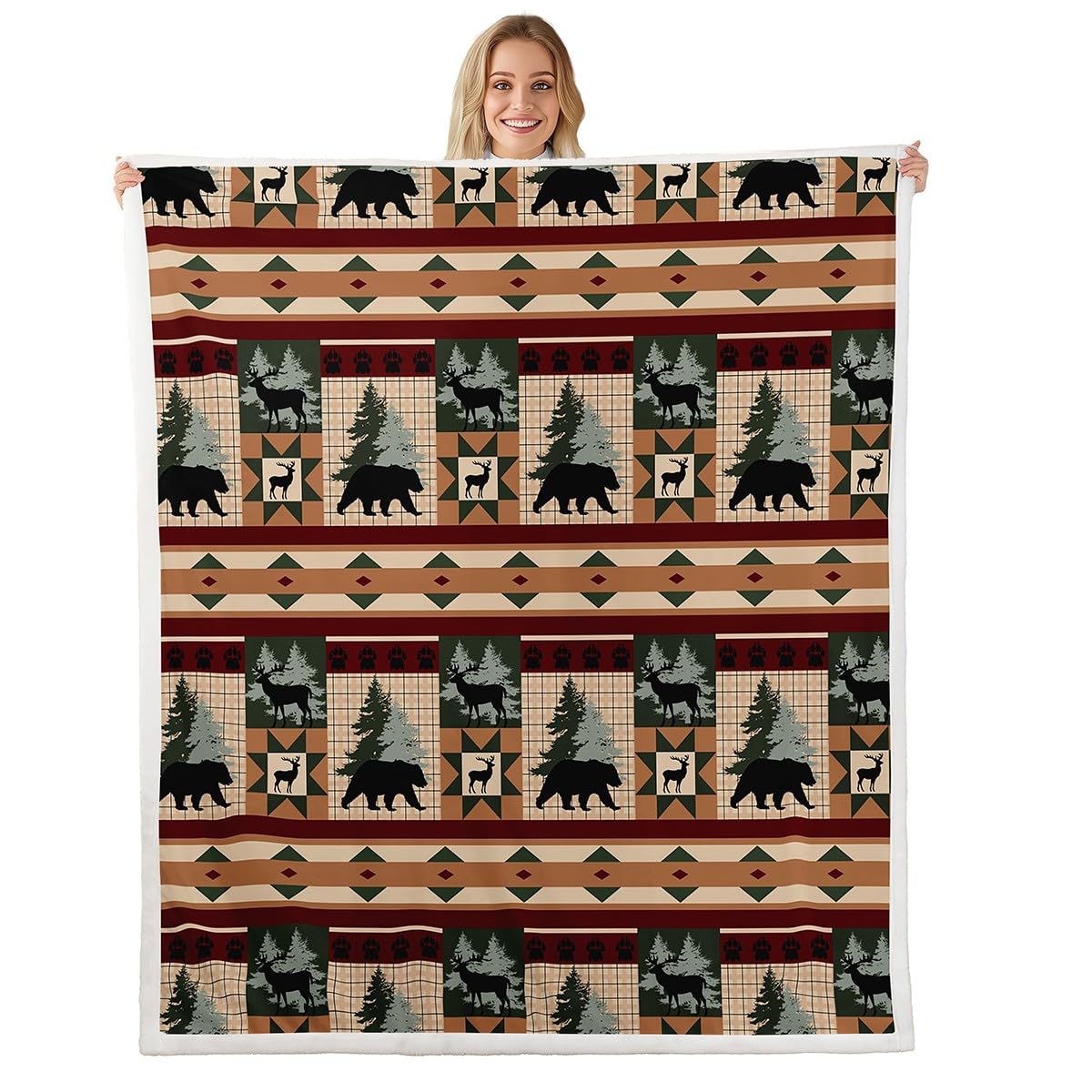 Erosebridal Farmhouse Fleece Blanket Grizzly Bear Deer Sherpa Blanket 90"x90", Vintage Country Woodland Animals Rustic Reindeer Pine Trees Fuzzy Plush Throw