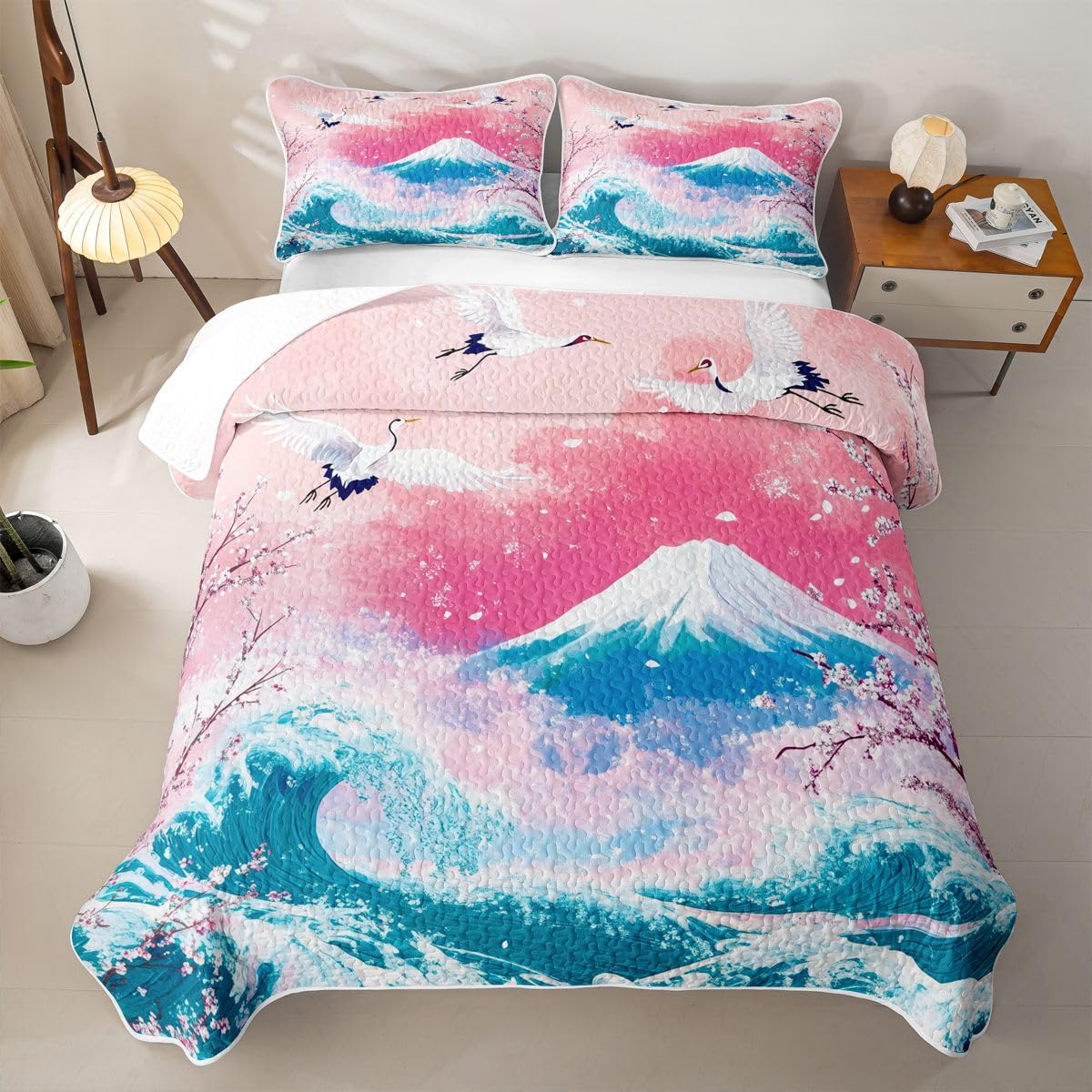 Erosebridal Pink Ocean Waves Quilts Twin Size - Japanese Style Bedspread Coverlet Set, Japanese Cherry Blossom Fuji Mountain Quilt Coverlets 2Pcs (Only 1 Pillowcase)