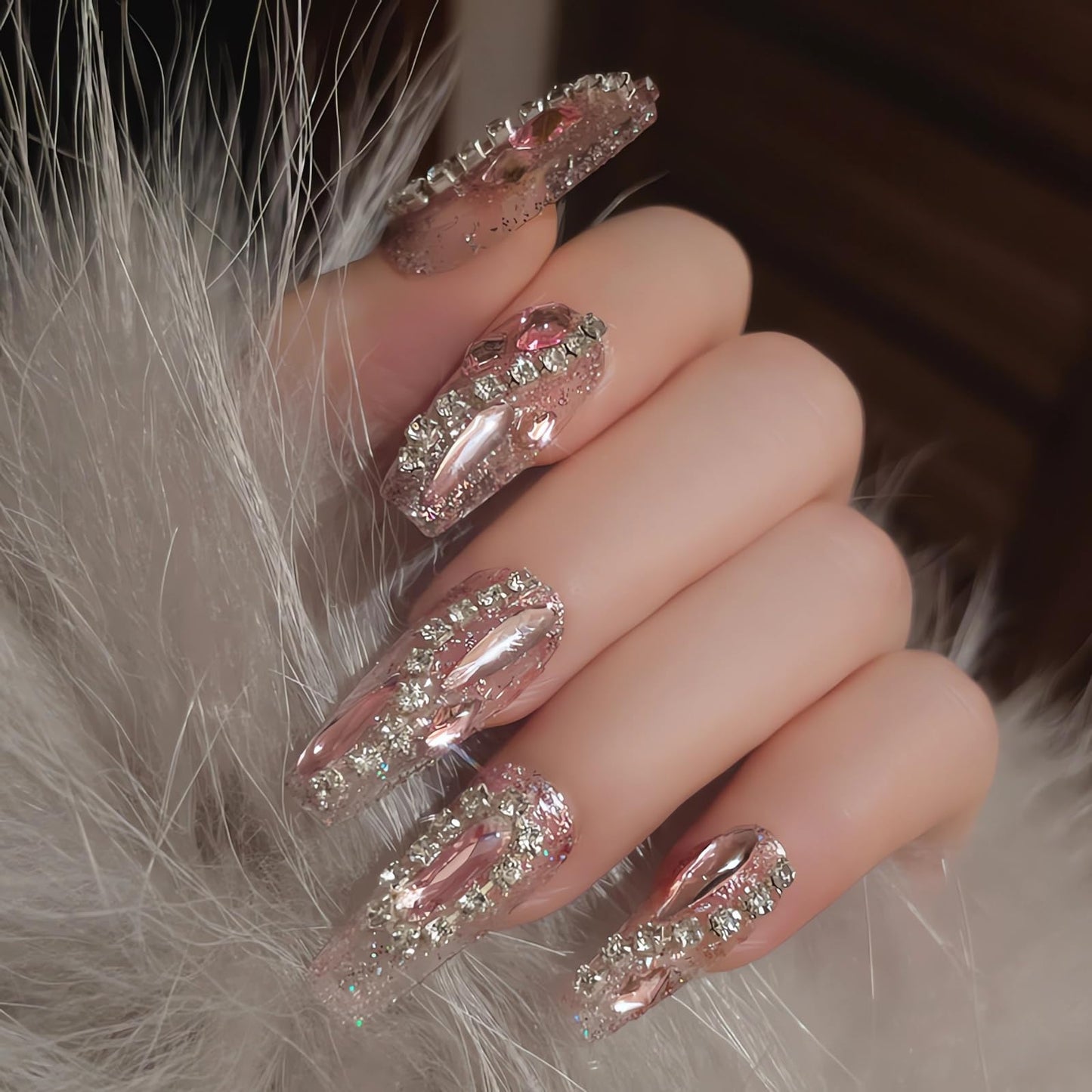 IMSOHOT Long Press on Nails Coffin Glitter Fake Nails Shiny Pink Rhinestone Full Cover False Nails Luxury Ballerina Artificial Acrylic Glue on Nails for Women 24Pcs