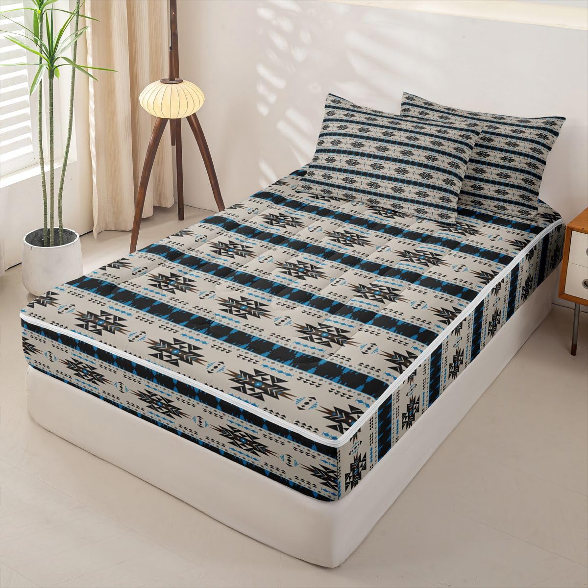 Western Zipper Bedding Set Queen Zip Up Bedding Ethnic Tribal Arrow Comforter Set with Sheets for Boys,Vintage Exotic Geometric Triangle Bed in a Bag African Indian Tribal Sriped Bed Sets Brown Blue