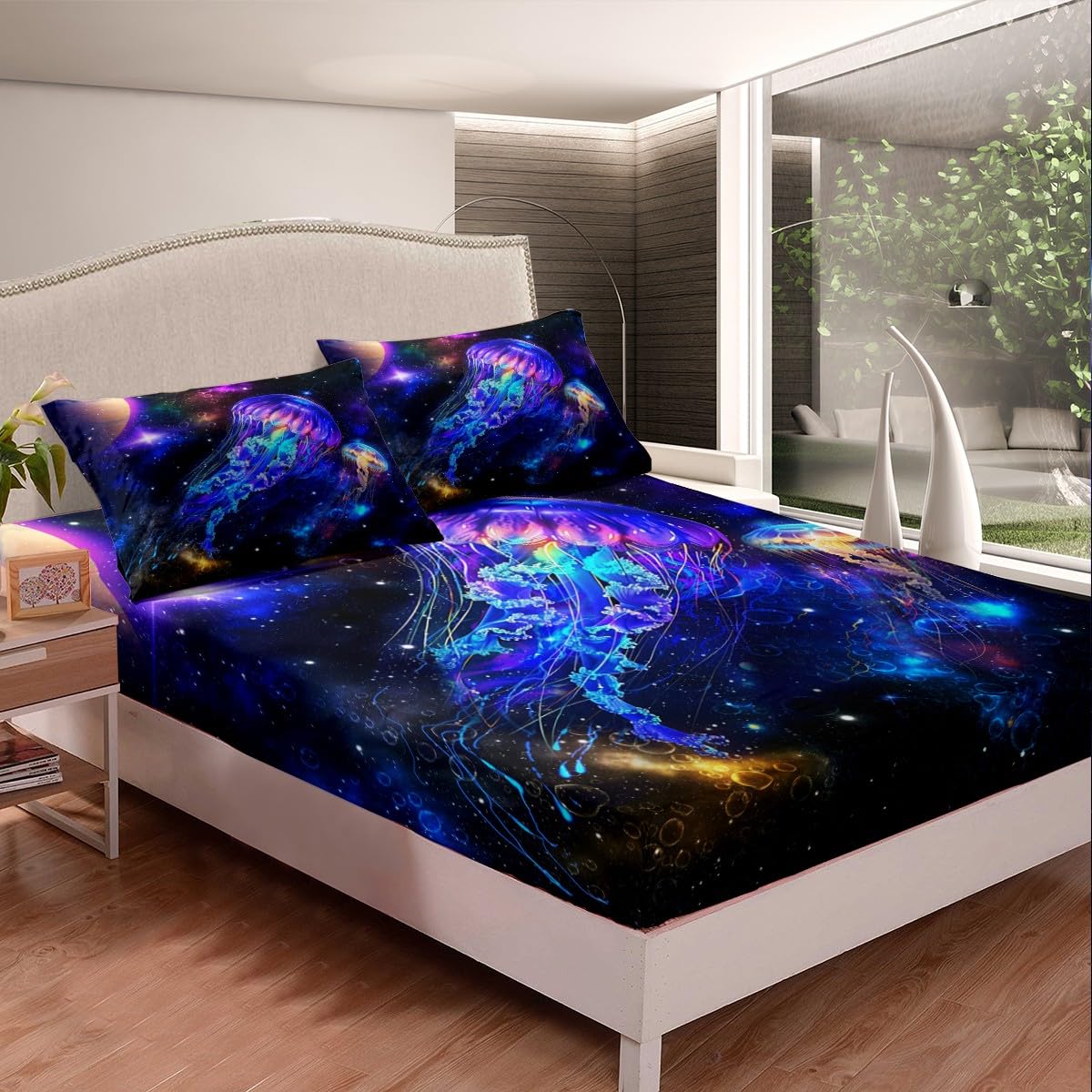 Jellyfish Galaxy Fitted Sheet Set Full Size 4 Pcs,Blue Nebula Spaceship Bedding Set(1 Fitted,1 Flat,2 Pillowcases),Universe Stars Planets Luxury Deep Pocket Bed Sheets for Girls Teesn Room