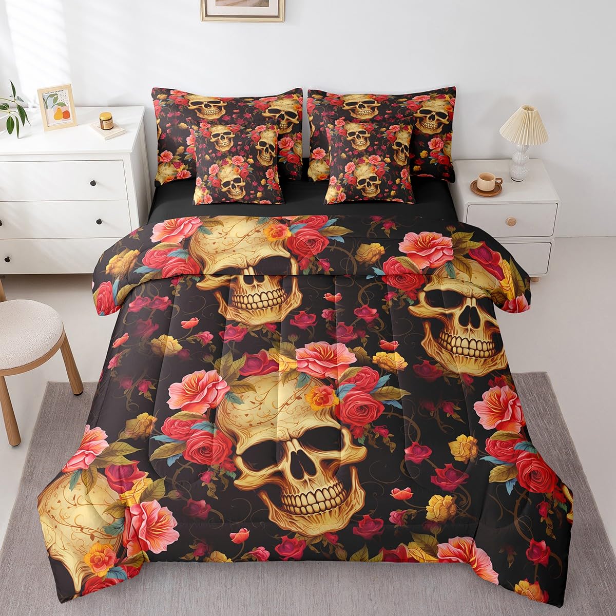 Erosebridal Sugar Skull 7 Piece Comforter Set Full Bed in a Bag,Rose Flowers Bedding Sets Bohemian Floral Sheet Set with Comforter