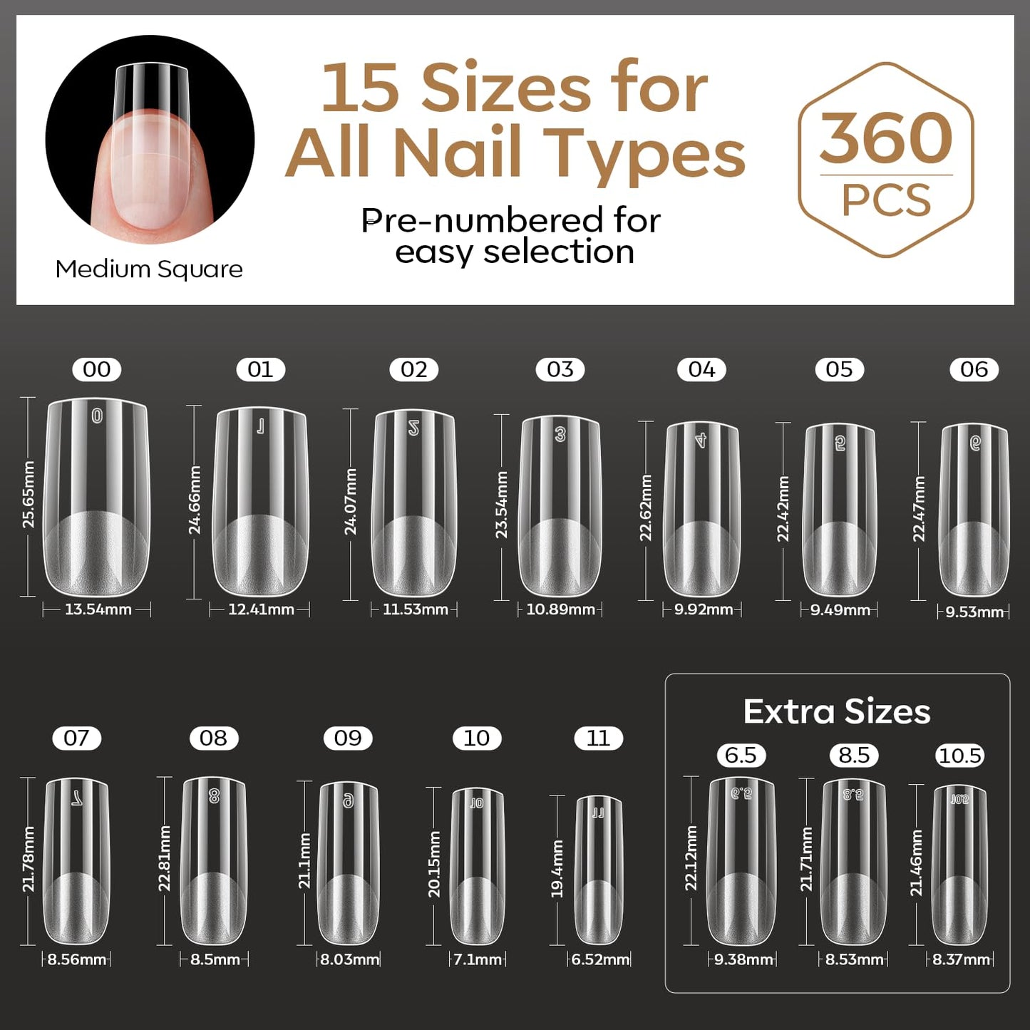 modelones Medium Square Gel Nail Tips, 360pcs Pre-etched Clear Fake Nails Press On Full Cover Half Matte 15 Sizes Acrylic Gel Tips for Extension Salon