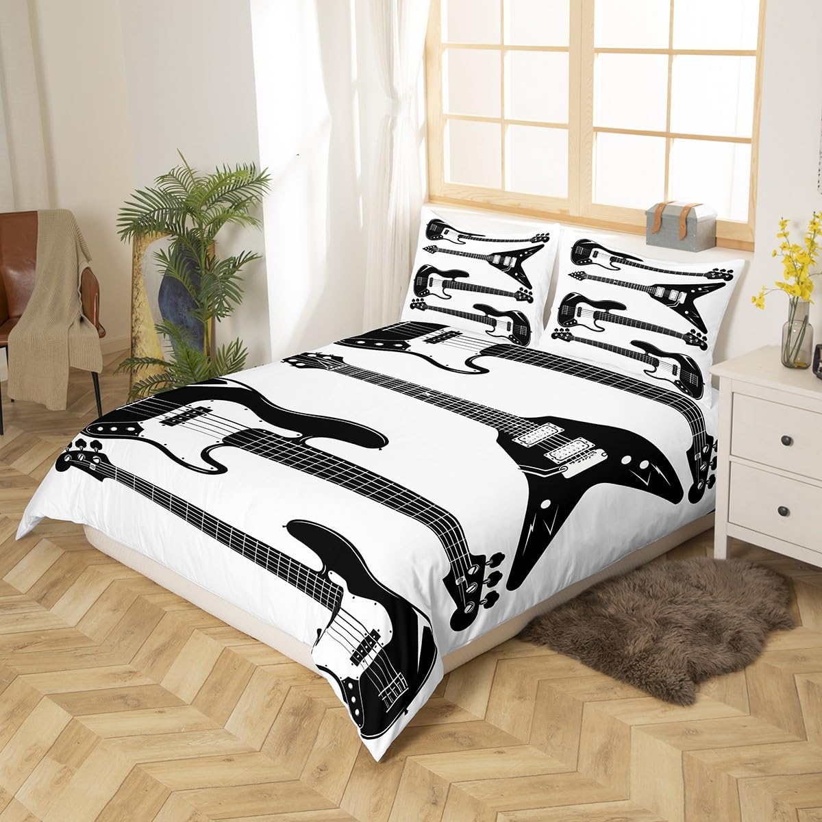 Feelyou Music Comforter Cover for Teens,Black and White Electrical Guitars Hippie Hipster Fashion Cool,Decorative 3 Pieces Bedding Set Queen Size(1 Duvet Cover Set & 2 Pillow Shams),Zipper