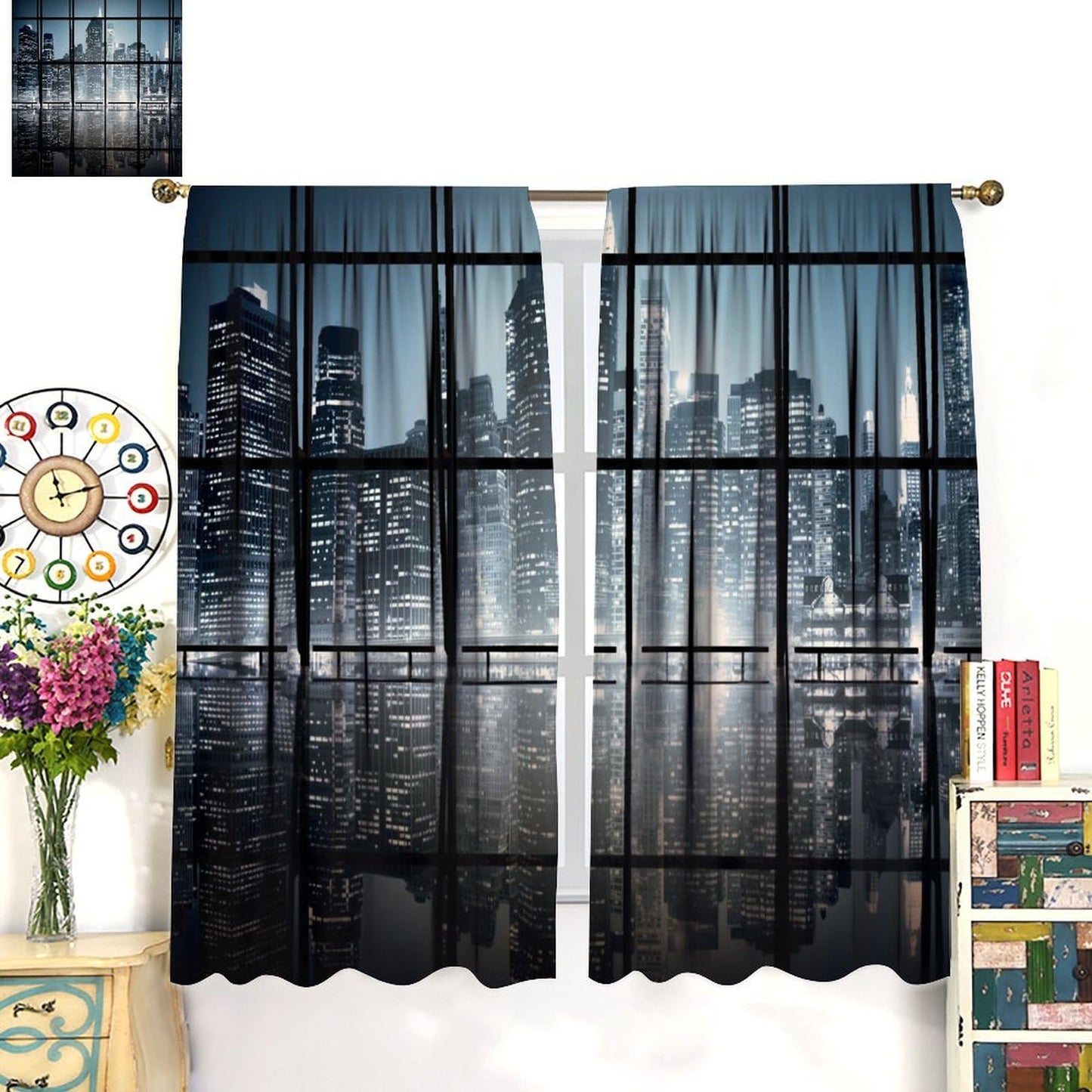 YSWOW City Landscape Blackout Curtains Modern New York City Scenery Night Skyscrapers Art Printed Window Drapes for Bedroom Living Room Decor Fabric 2 Panels 42x45 Inch 30% Shading Rate