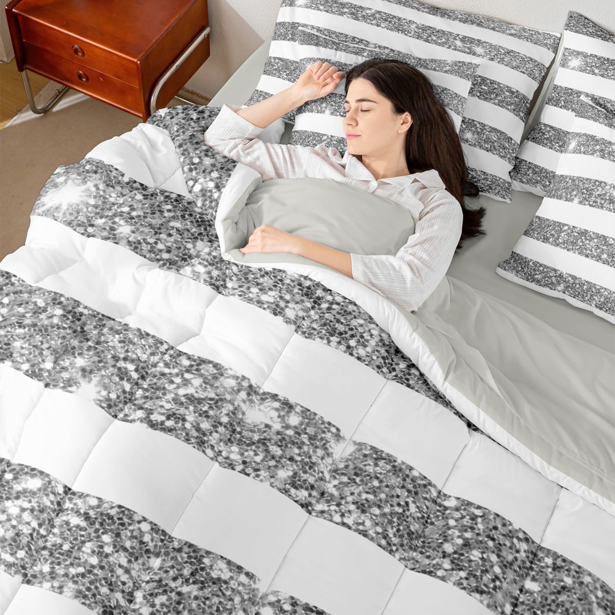 Feelyou Golden Stars Glitter Comforter Set Full Size 7 Pieces Diamond White and Grey Bedding Set for Kids Boys Girls Bling Partyations Bed in a Bag with Comforter, Sheets, Pillowcases, Covers