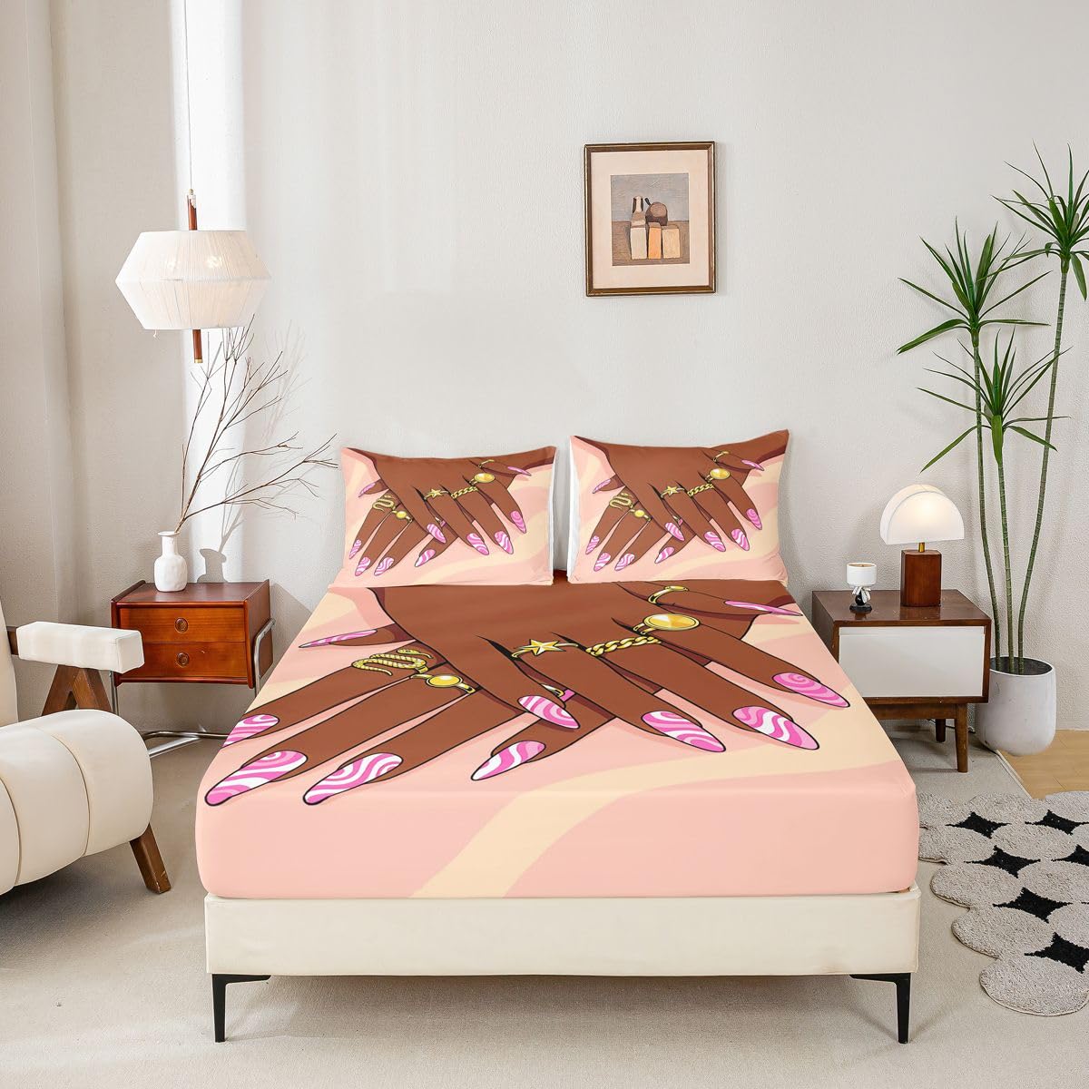 Erosebridal Romantic Makeup Themed Fitted Sheet Full Size for Girls Fashion Girlish Bedding Set Black Girls Bed Sheets for Kids Teens Adult Women Bedroom Afro Vogue Princess Magical Sheets