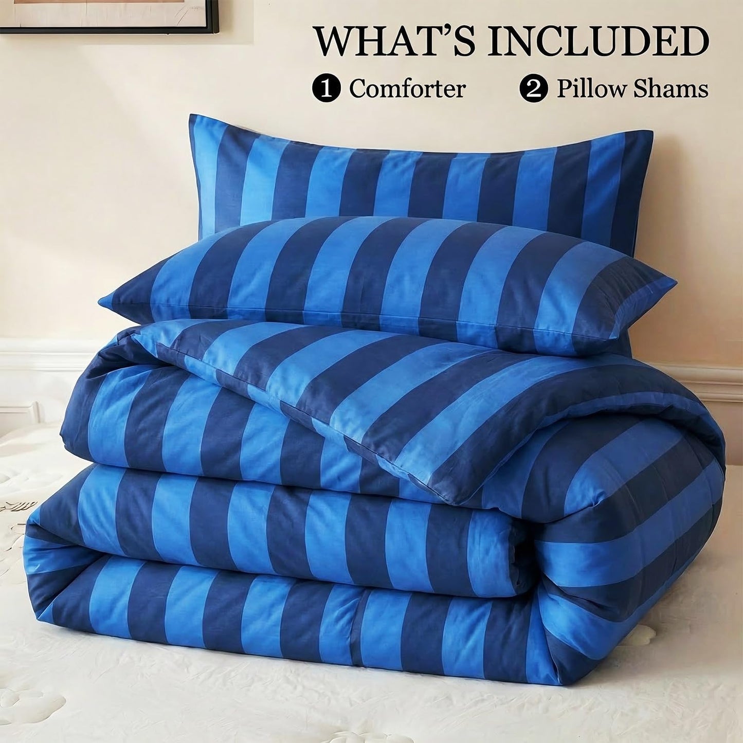 Merryword Blue Striped Comforter Set King Size, 100% Cotton Reversible Comforter Set 3 Pcs, Luxury Linen Like Bedding, Soft Breathable Lightweight Comforter for All Seasons