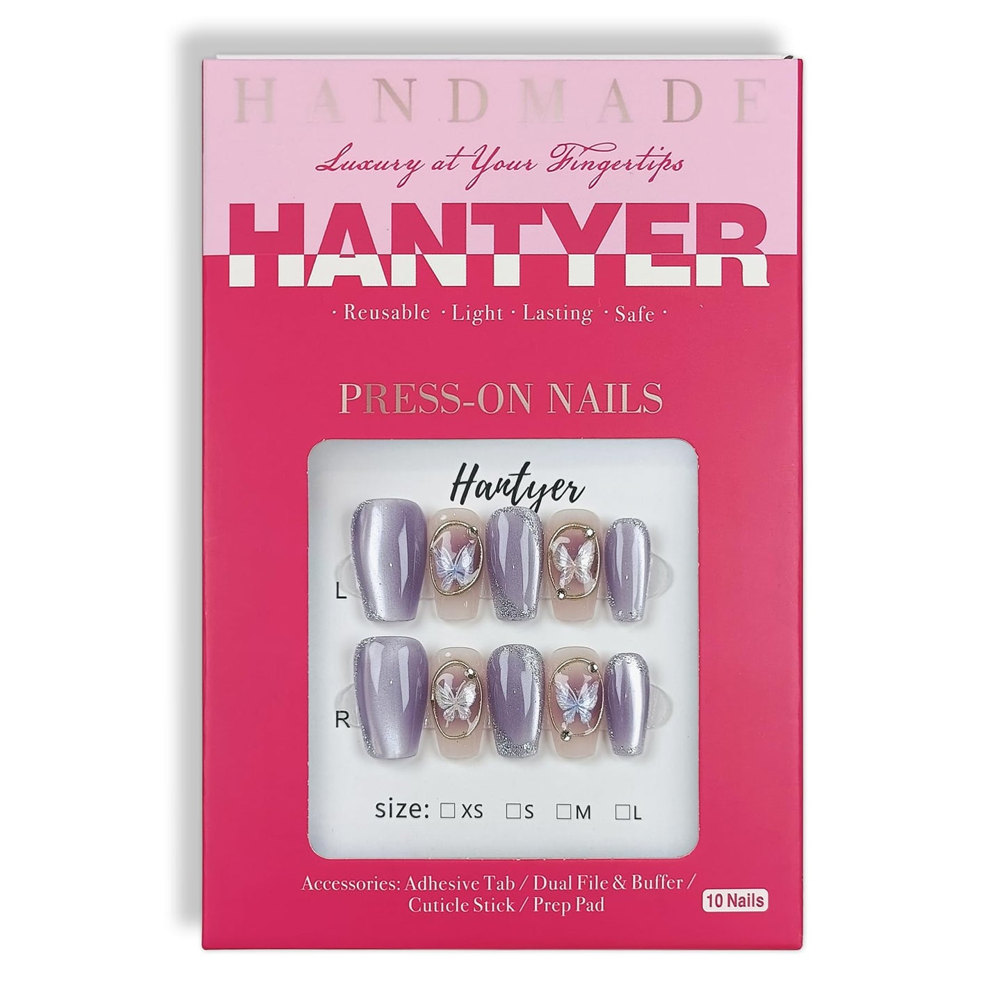 Hantyer Press on Nails, Medium Coffin Fake Nails, Purple Cat Eye & Hand-Painted Silver Lines, Butterfly Accents & Icy Lavender Glow, Gel Nails Sweet Style for Women Daily Wear & Party Events(Size M)