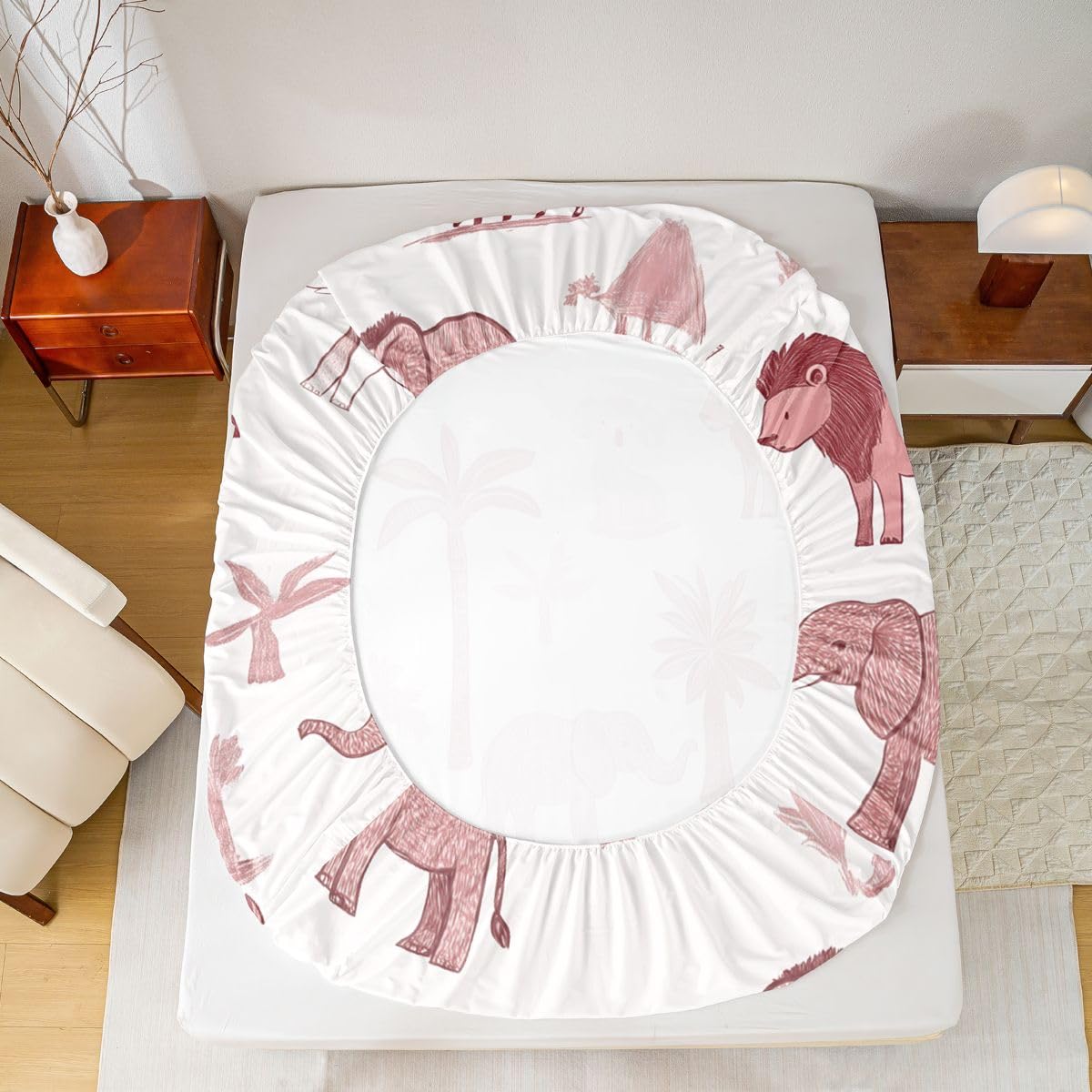 Erosebridal Jungle Animals Sheet Set Full Red Pink Bed Sheets for Kids Boys Girls African Safari Animal Flat Fitted Sheet Elephant Lion Giraffe Animal Sheets 3 Pcs