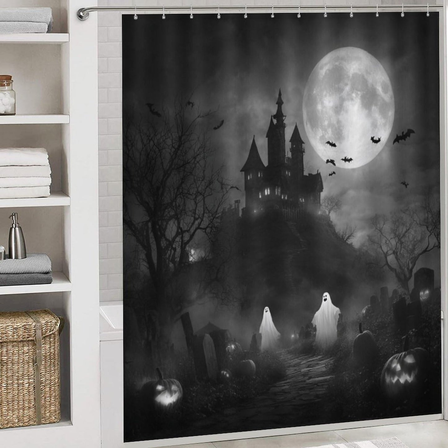 INSFBRB Abstract Horror Halloween Shower Curtain Sets with Rug,Toilet Lid Cover and Bath Mat,Rustic Retro Gothic Castle Halloween Pumpkin Bat Ghost Full Moon 4 Piece Bathroom Set