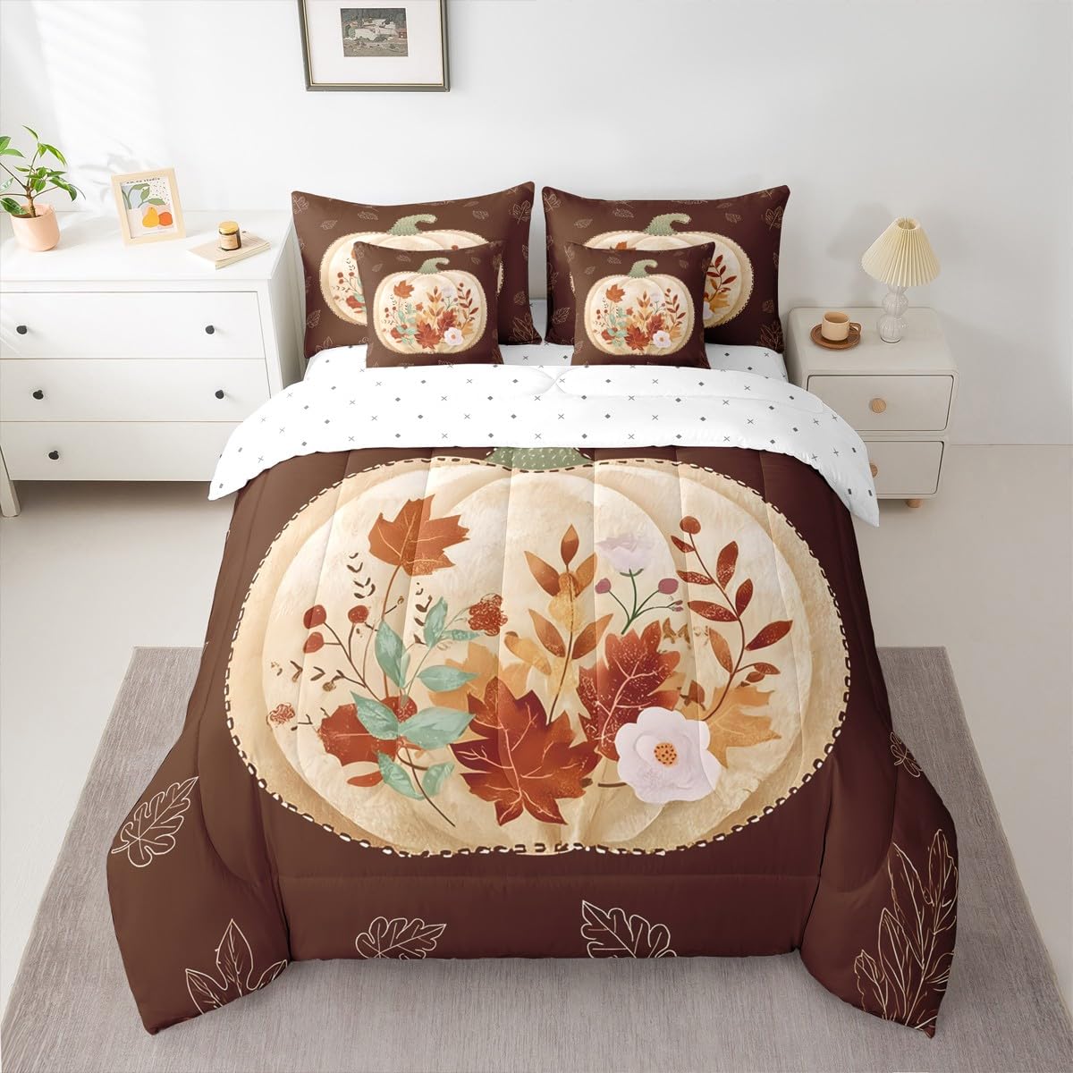 jejeloiu Fall Harvest Comforter Set with Sheets 7 Piece Twin Size Autumn Leaves Bedding Set for Kids Boys Girls Autumn Harvest Theme Bed in a Bag Room Decor Soft Lightweight Microfiber
