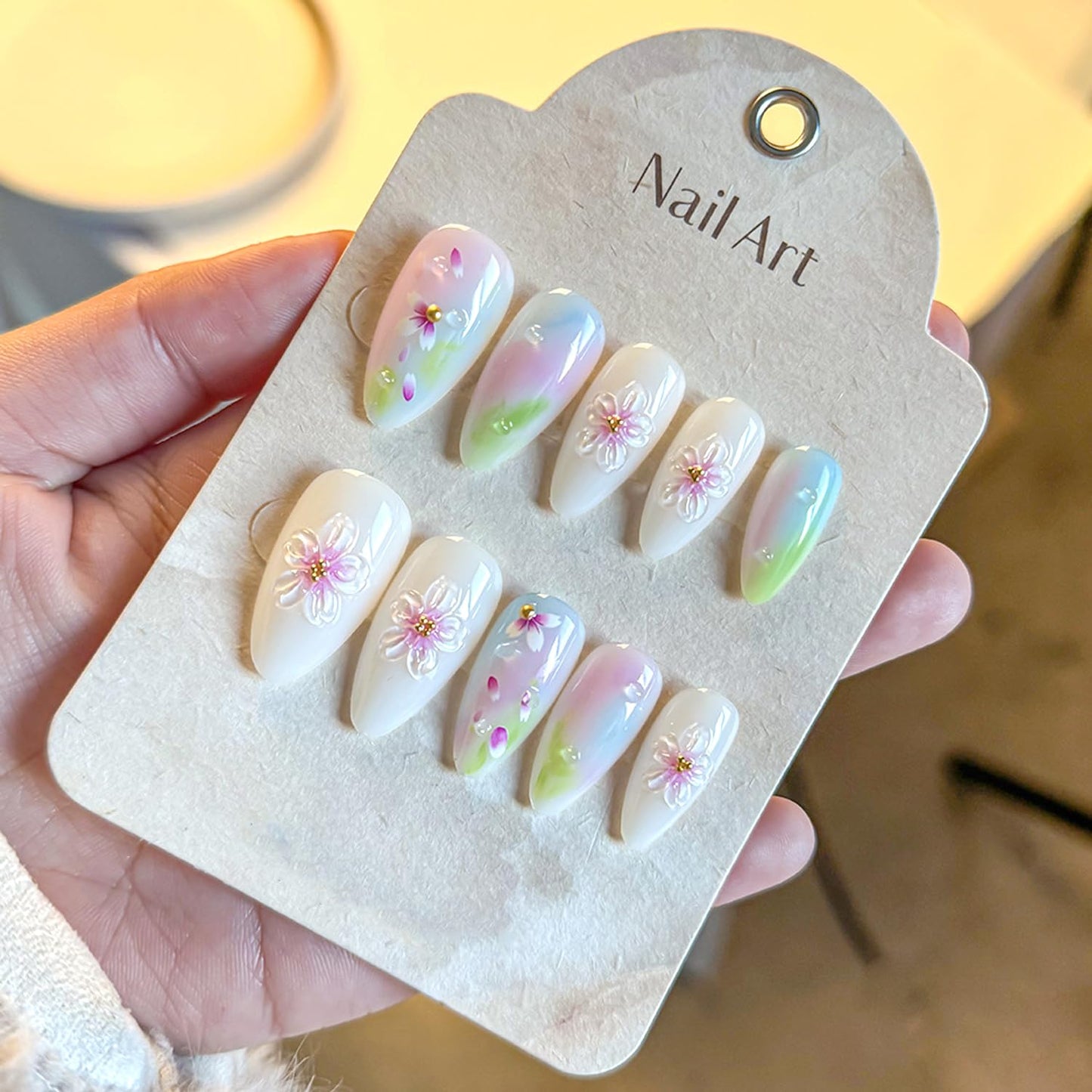24Pcs Cute Flower Press on Nails Medium Almond Fake Nails Spring Summer Nail Art Handmade Gradient Stick on Nails Glossy Full Cover Artificial Nails for Women DIY Nails Decoration Daily Wear