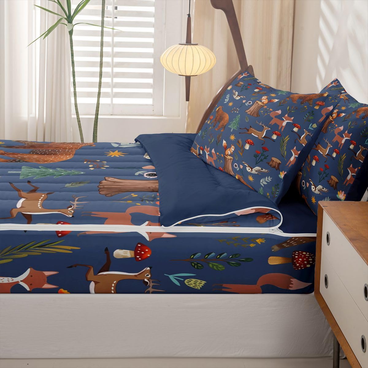 Erosebridal Woodland Animal Zip Up Bedding Set Twin Bear Deer Forest Theme Zipper Comforter Set with Sheets Cartoon Wildlife Hunting Theme Bed in a Bag Rustic Cabin Mushroom Wild Dark Blue Bed Sets