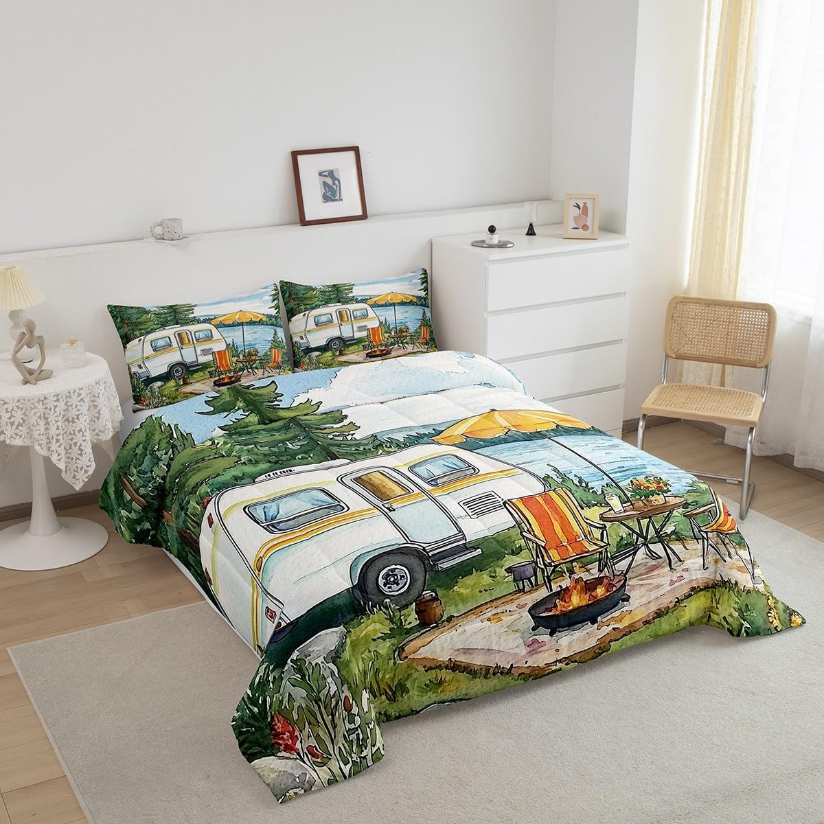 Erosebridal Camper Rv Car Bedding King,Happy Camping Comforter Set Travel Trailers Bed Sets Watercolor Painting Theme Duvet Insert 3 Pieces