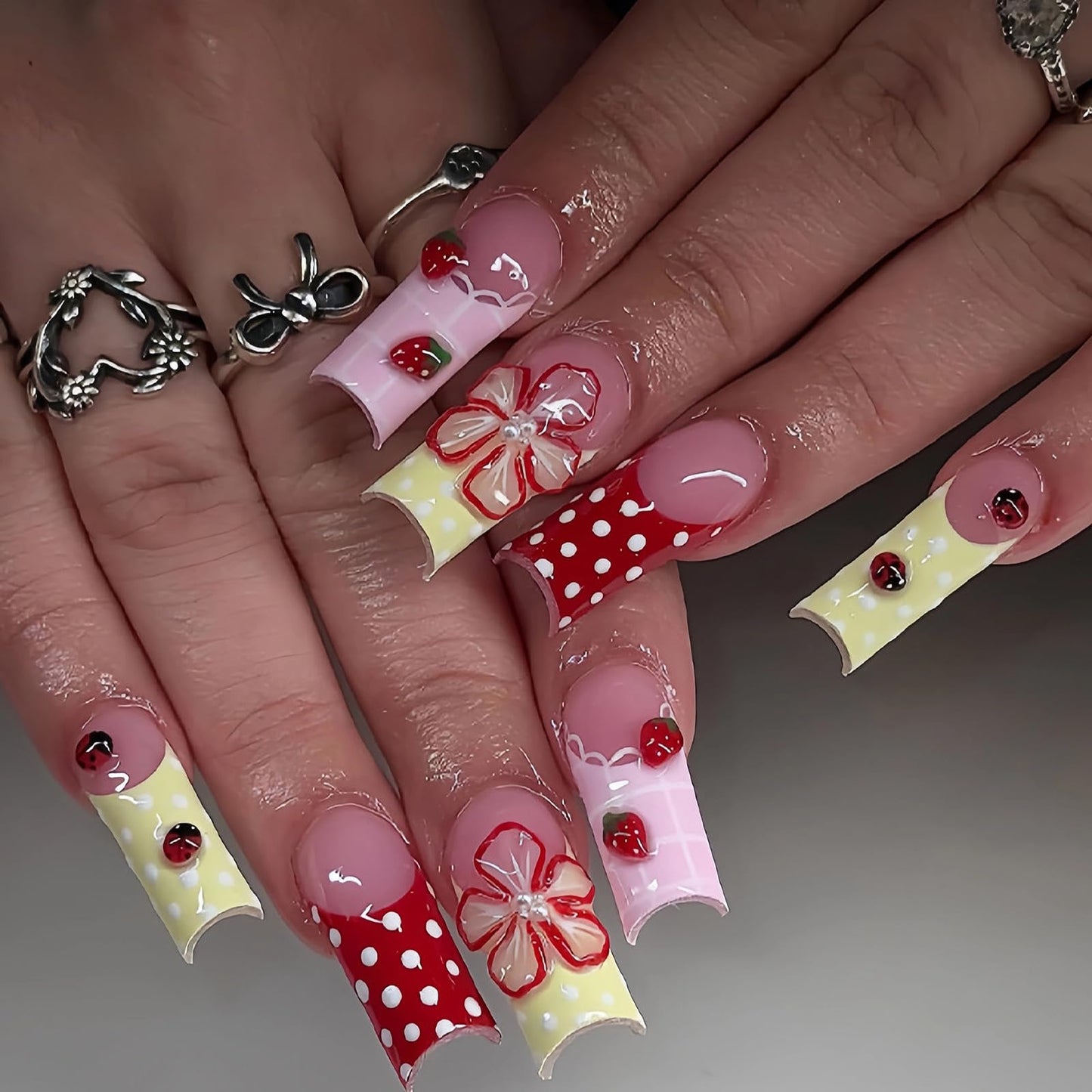MISUD Press on Nails - Long Square Fake Nails with Spring Pink Yellow, Acrylic Checkered Polka Dot Strawberry Ladybug Design 24 pcs