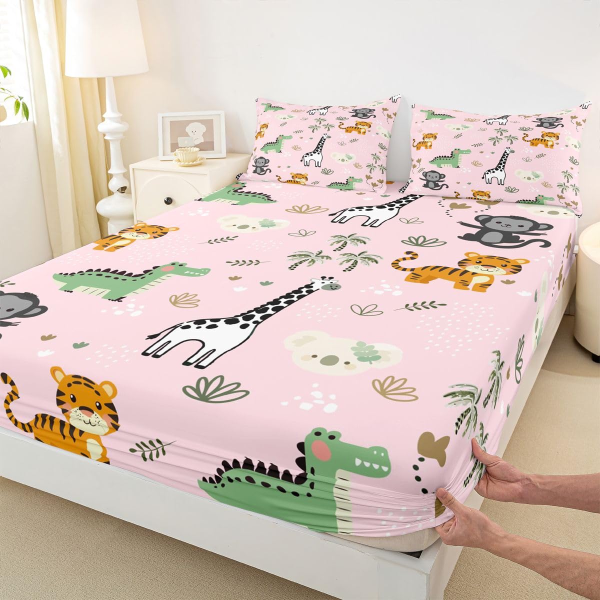 Erosebridal Jungle Animals Bed Sheets Full Cartoon Kawaii Sheet Set for Kids Boys Girls Monkey Giraffe Crocodile Tiger Sheets Hunting Wildlife Flat Fitted Sheet 3 Pcs
