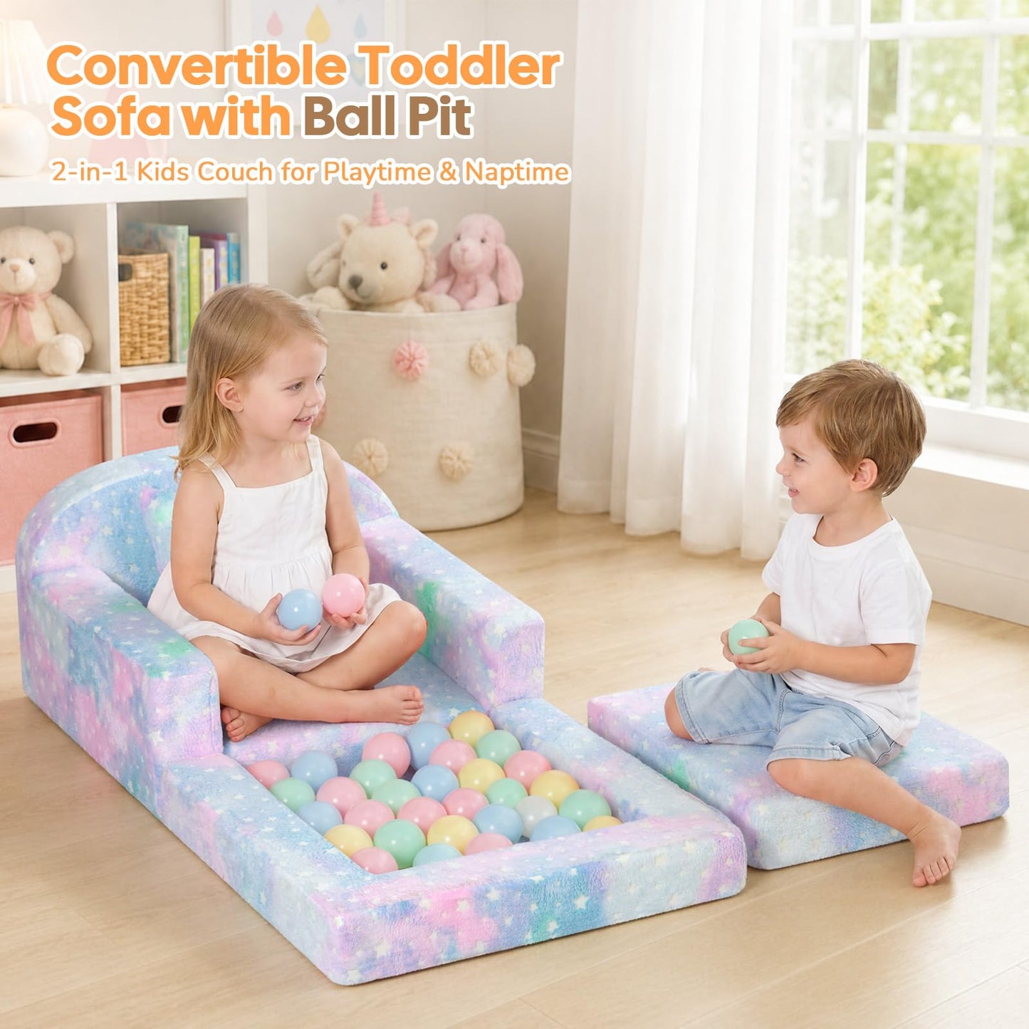 MeMoreCool Glowing Star Kids Chair, 2-in-1 Convertible Kids Couch Fold Out to Lounger, Glow-in-the-Dark Star Sofa for Boys Girls, Soft Foam Flip-Out Seat with Washable Cover