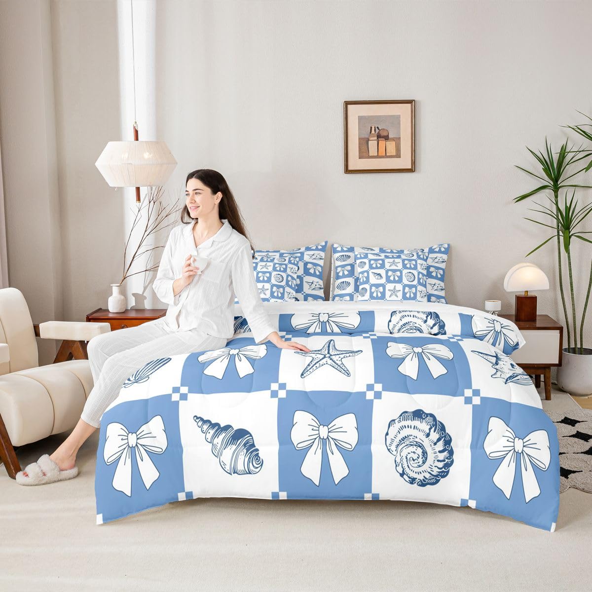 Feelyou Starfish Beach King Comforter Set with Sheets for Kids Boys Girls Ocean Marine 7 Pieces Bedding Set Bow Knot Print Bed in a Bag Shell Room Decor Coastal Beach Ocean Soft Lightweight Microfiber