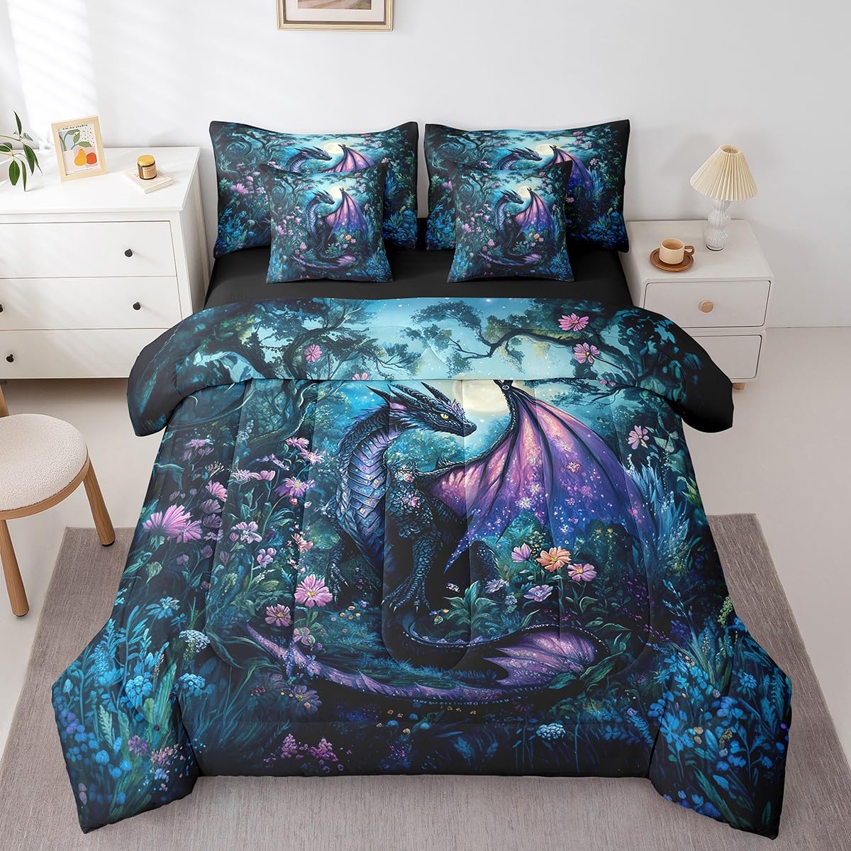 Feelyou Dragon Comforter Set with Sheets Twin Size Dragon Stuff Bed in a Bag for Boys Girls Teens Wild Life 7 Pieces Bedding Set Jungle Dragon Bed Set Room Decor Balck Blue