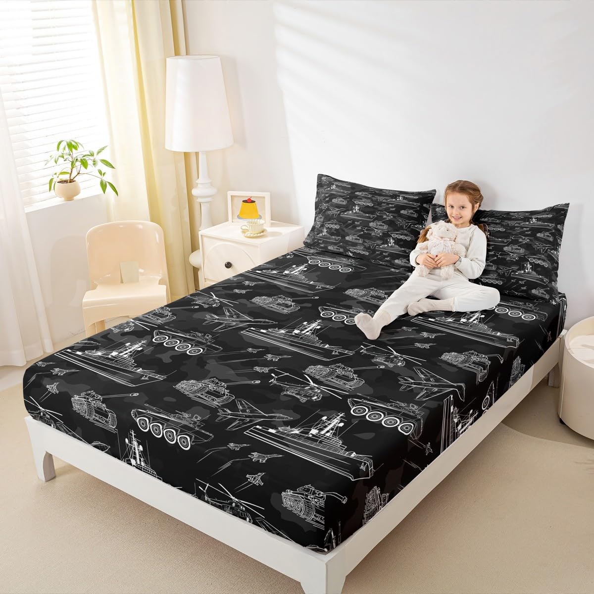 Manfei War Theme Fitted Sheet Full Size, Aircraft Tank Ship Bed Cover with 2 Pillowcases, Black Army Camouflage Bedding Set 3pcs for Kids Boys Teen Room Decor, Soft Polyester Bedding