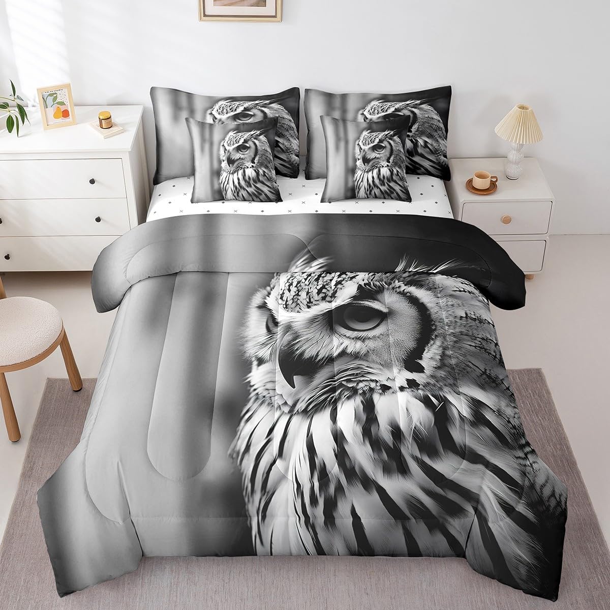 Erosebridal 7-Piece Owl Animal Comforter Set Queen Size, Owl Bed in a Bag Bedroom Comforter with Sheets (1 Comforter, 1 Flat Sheet 1 Fitted Sheet 2 Pillowcases and 2 Pillow Shams), Black Grey