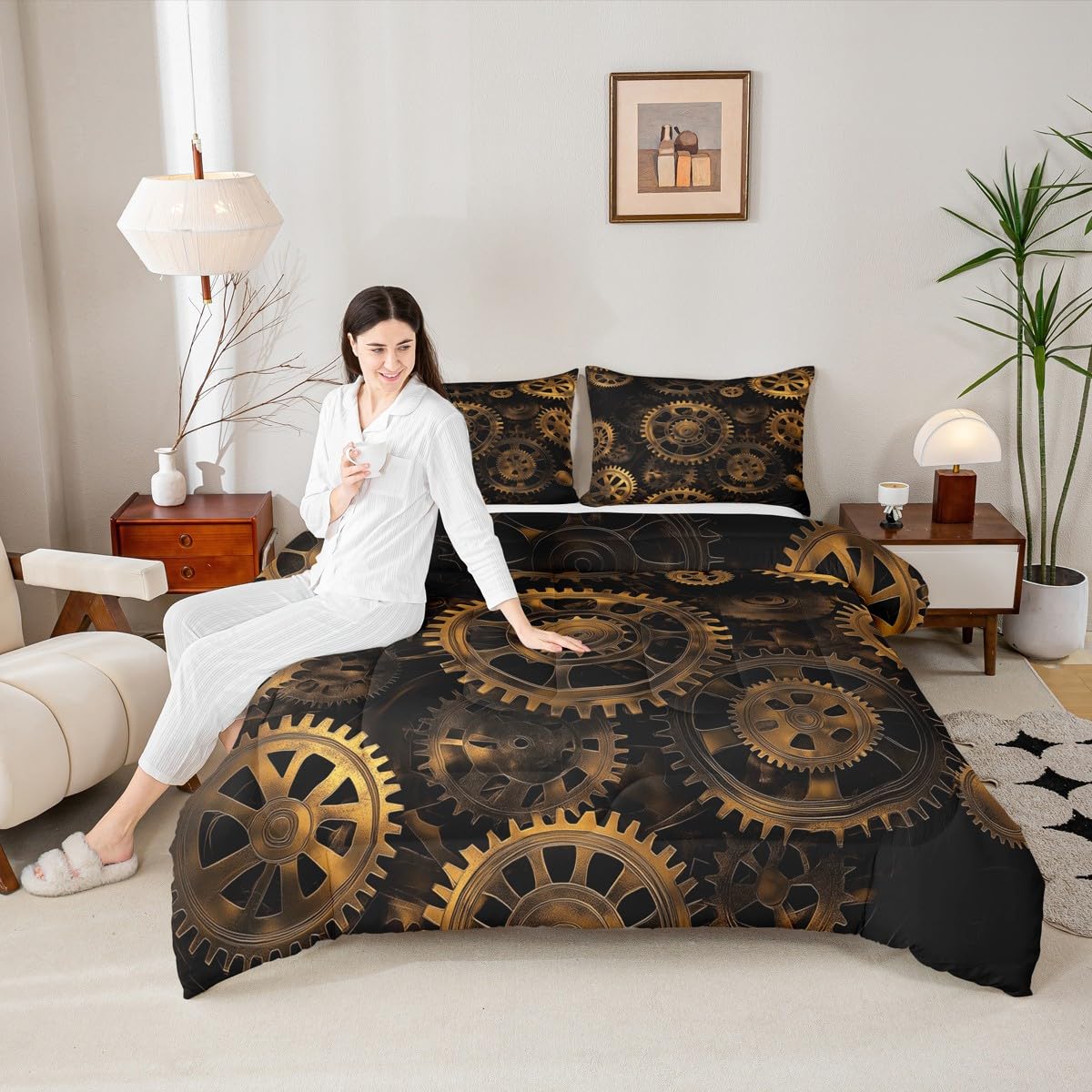Golden Ndustrial Gear Comforter Set King Size Steampunk Style Bedding Set Clocks Theme Bedding Sets & Collections for Kids Boys Teens Men Mechanical Device Quilt Set,Retro Style Bedroom Decor