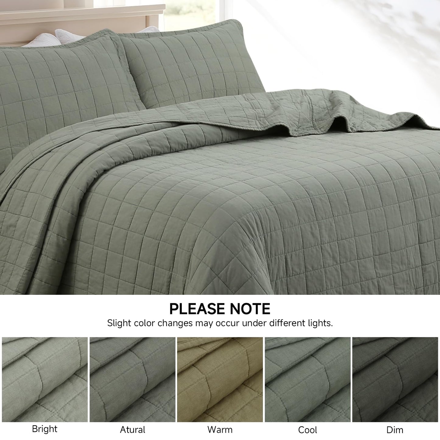 FFQSS Quilt Queen Size Bedding Sets - 100% Cotton Lightweight Luxury Comforter Set, Full Size Stitching Bedspreads Coverlet with 2 Pillowcase Suit for All Season, Green