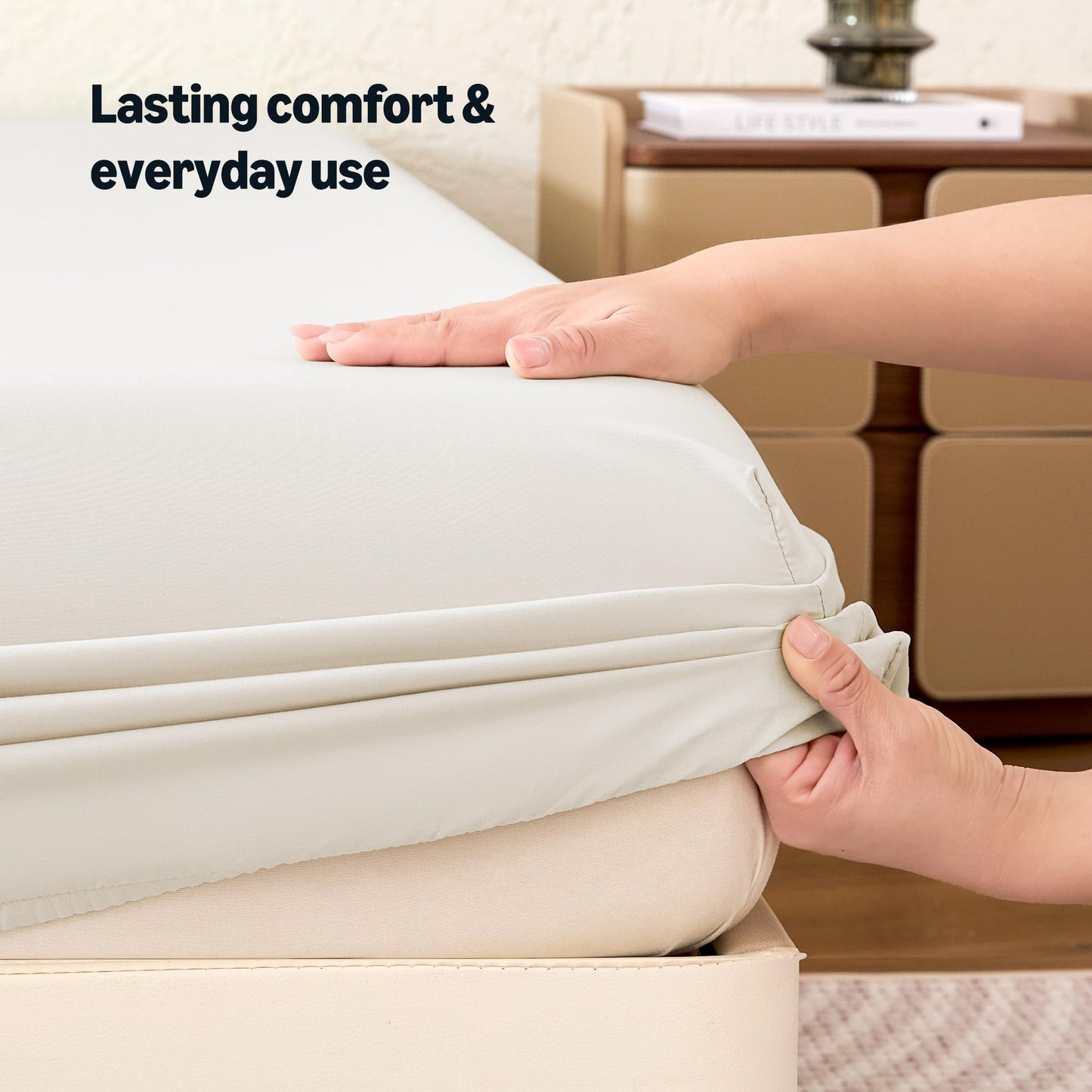 Amazon Basics Soft Fitted Sheet, Lightweight Bottom Sheet, 14-Inch Deep Pocket, Durable and Long Lasting, Easy Care, Queen, Beige, Pack of 1