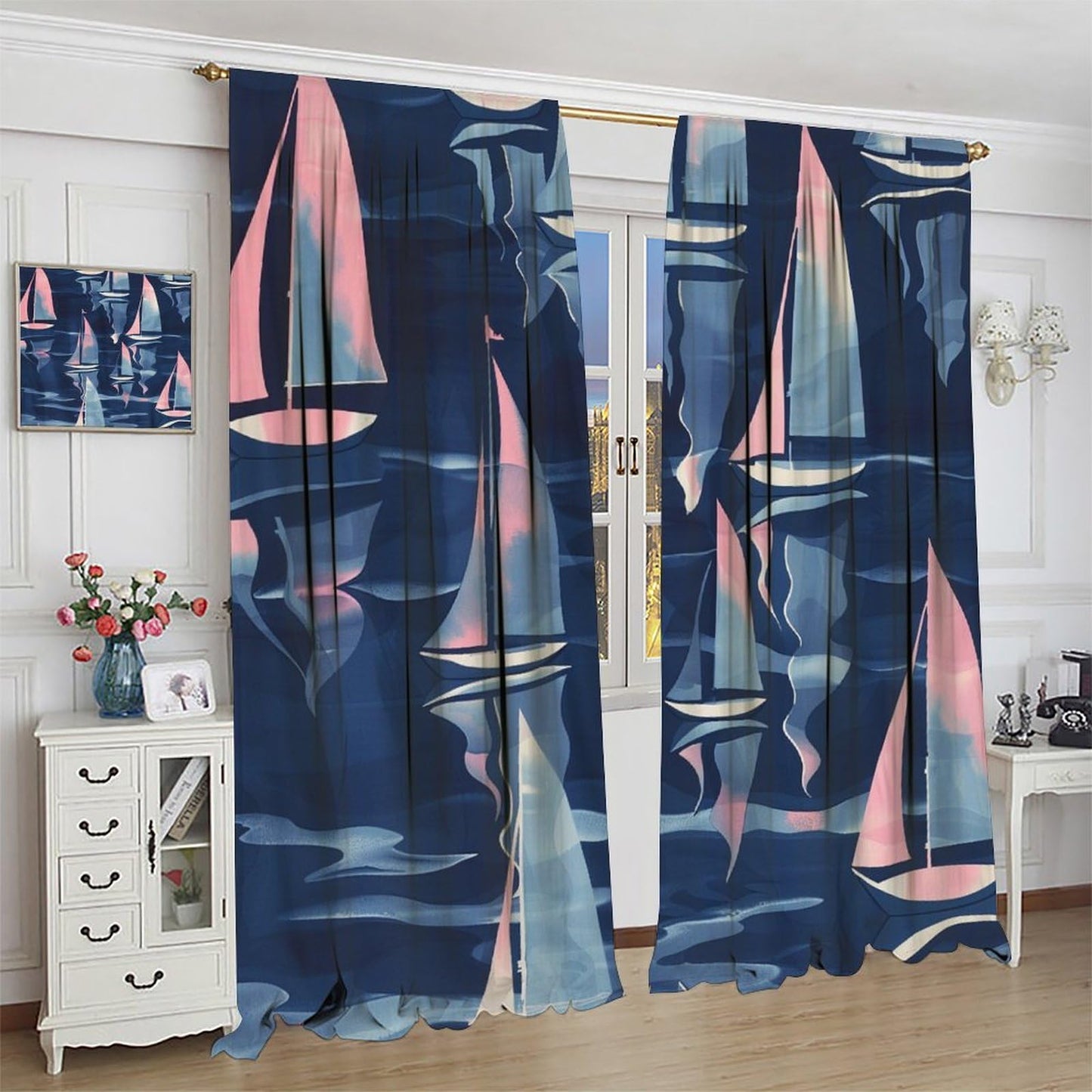 TOWINSFB Funny Sailing Ship Blackout Curtains, Cute Cartoon Sailboat Nautical Home Decor Rod Pocket Window Drapes for Living Room Bedroom - 42" W x 45" L