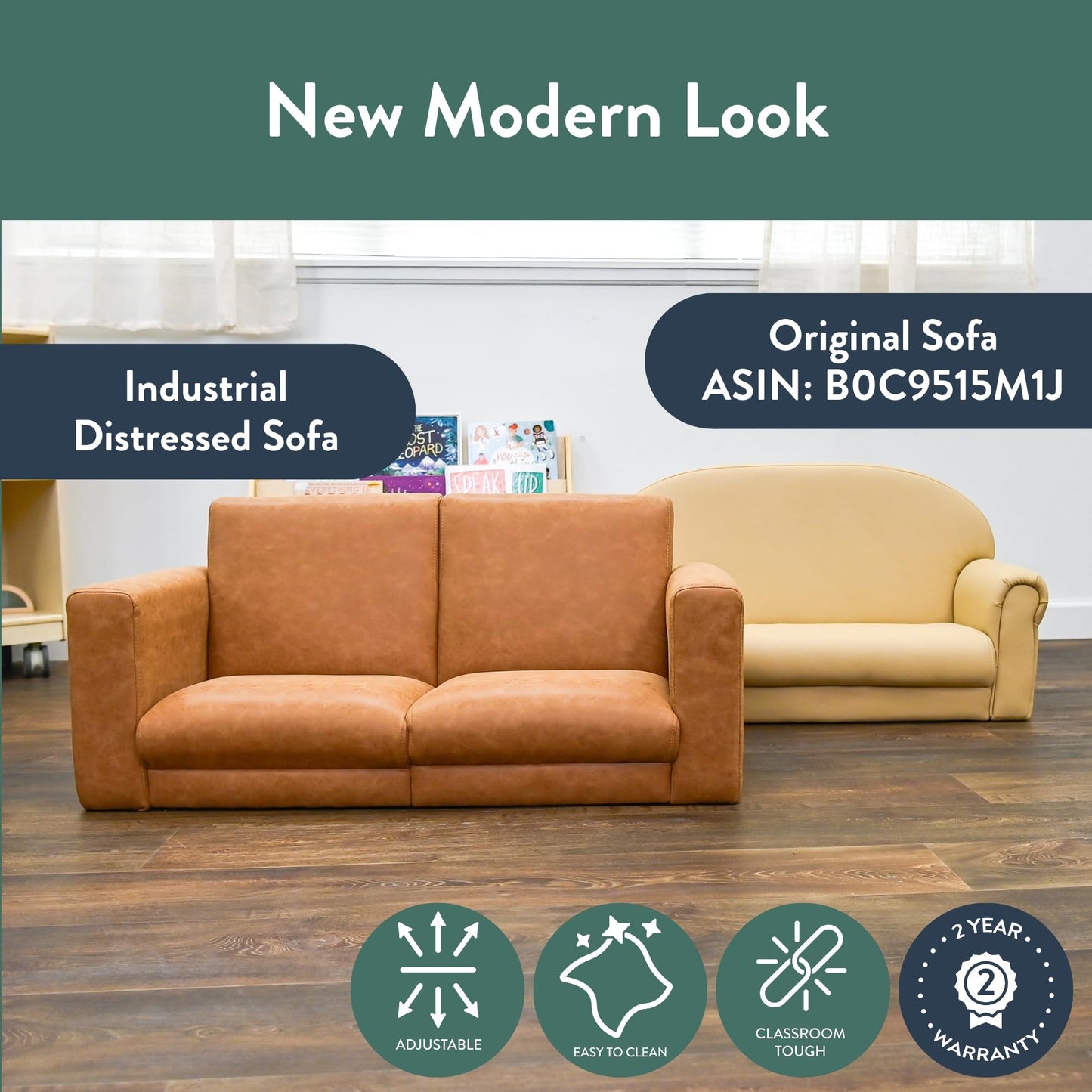 Children's Factory As We Grow Modern Kids Sofa - Flexible Classroom Seating for Elementary Education, Adjustable Educational Furniture for Daycare and Preschool, Faux Distressed Leather Brown