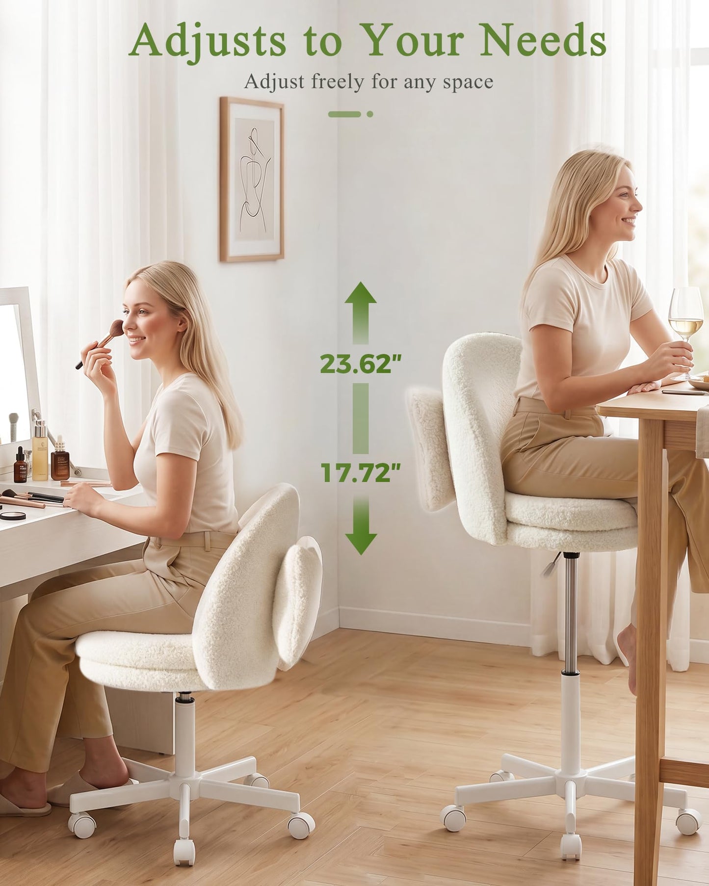 GTPOFFICE Vanity Chair with Back, Adjustable Tall Office Chair High Swivel Bar Stools Fluffy Cute Desk Chair Comfy with Wheels Bow Pillow Armlees for Adults Standing Desk Bar, Teddy Velvet, Cream