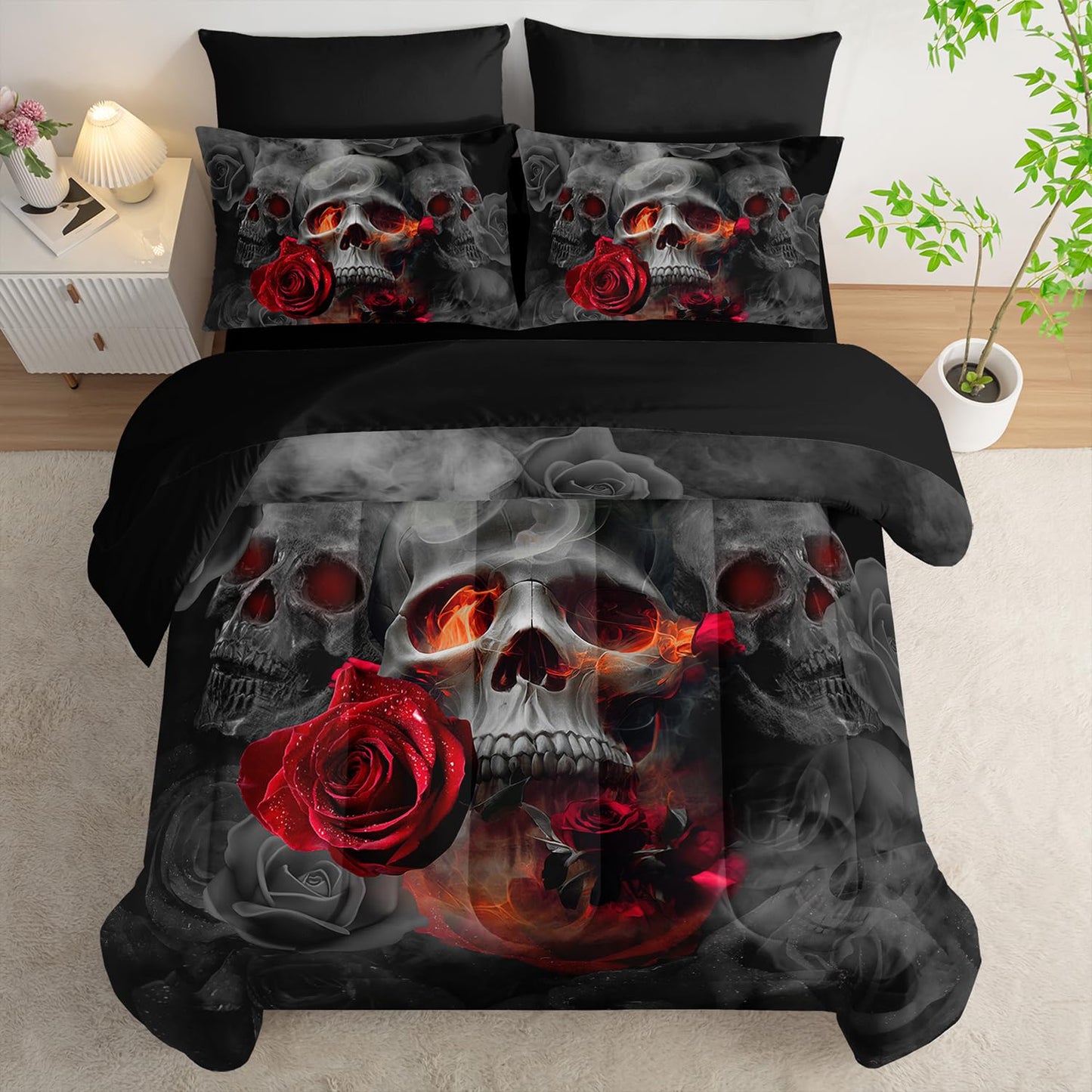 AILONEN Gothic Skull Comforter Set Full,7-Piece Romantic Rose Smoky Skull Bed in a Bag for Boys Girls Kids,Soft Comforter & Fitted Sheet with Flat Sheet & 2 Pillowcases,2 Pillow Shams for Bedroom