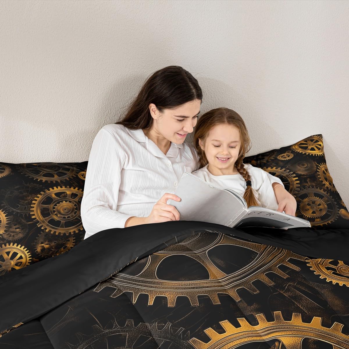 Golden Ndustrial Gear Comforter Set King Size Steampunk Style Bedding Set Clocks Theme Bedding Sets & Collections for Kids Boys Teens Men Mechanical Device Quilt Set,Retro Style Bedroom Decor
