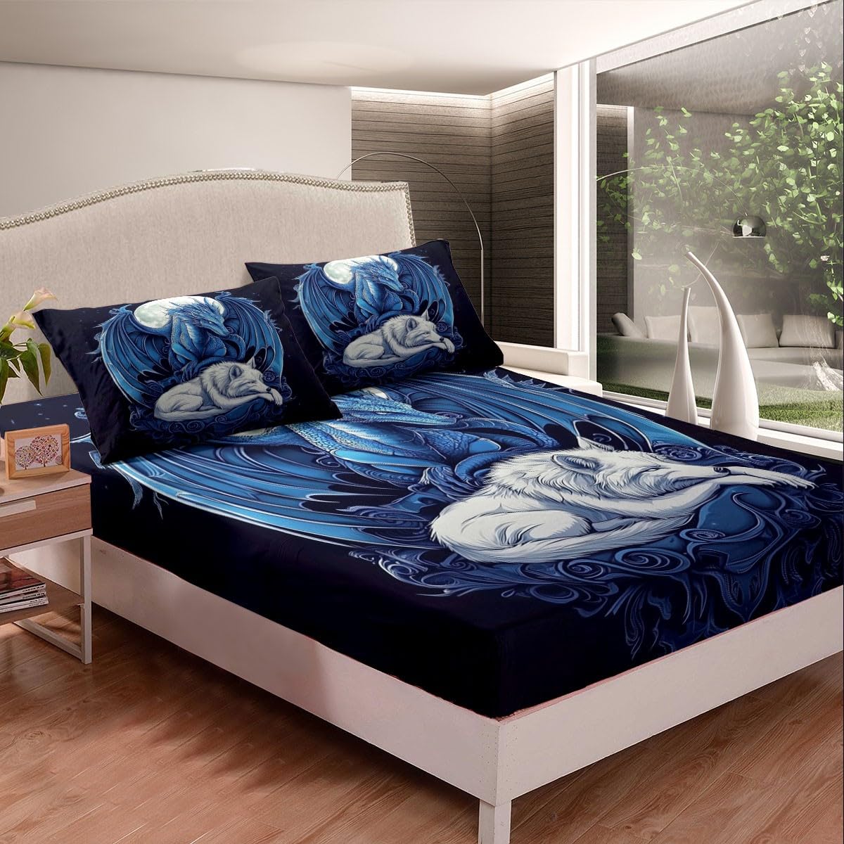 Erosebridal Dragon Bed Sheets Set Twin Size for Boys, Wolf Animals Bedding Set, Tribal Exotic Wildlife Flat Fitted Sheet for Boys Adult Men Room, Moon Starry Sky Bed Set, Black Blue