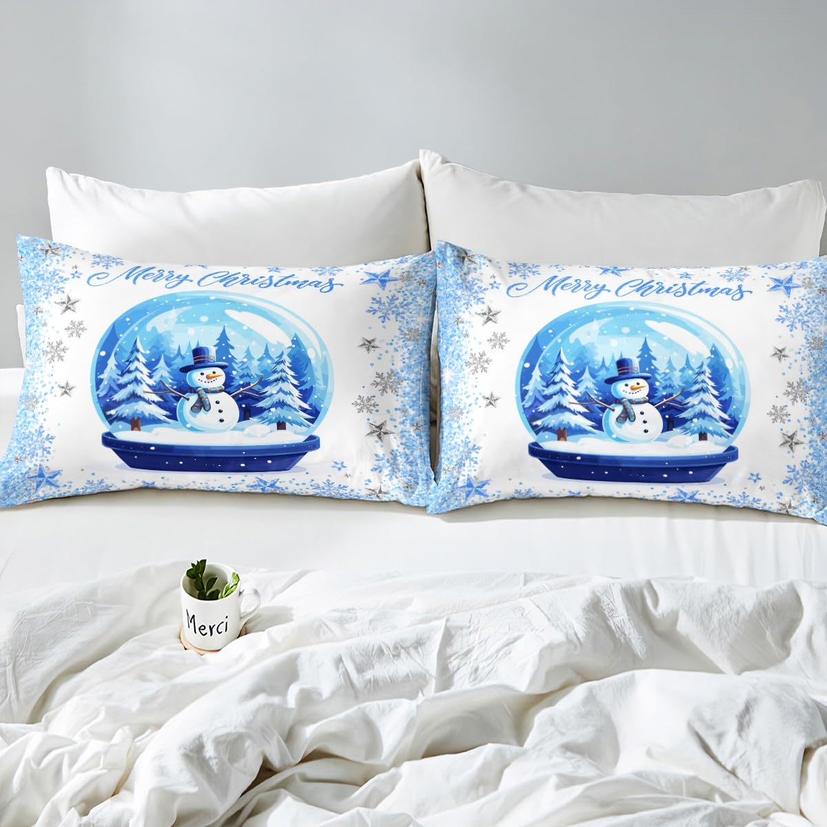 Snowman Xmas Tree Duvet Cover Set Twin Size,Merry Christmas Bedding Set,Sliver Blue Glitter Snowflake Comforter Cover for Kids Boys Girls Teens Room Decor,Fantasy Winter Quilt Cover,1 Pillowcase