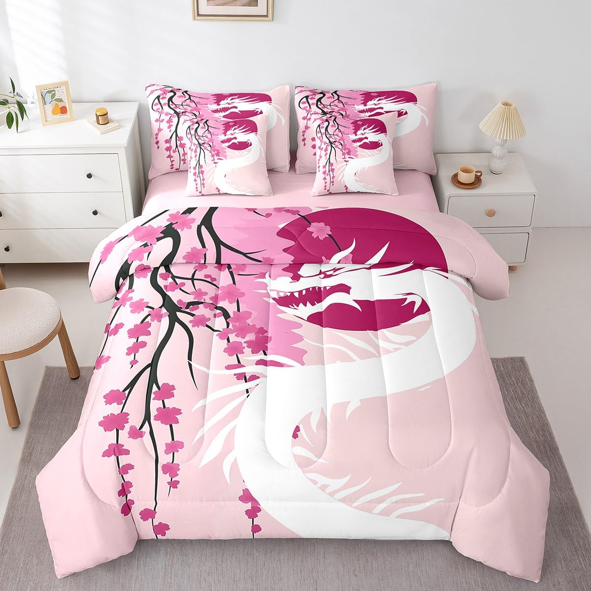 Erosebridal Japanese Ukiyo-E King Comforter Set 7 Piece Sakura Dragon Bedding Set Magical Wildlife Animal Bed in A Bag for Kids Boys Girls,Pink Watercolor Cherry Blossom Flowers Bed Set