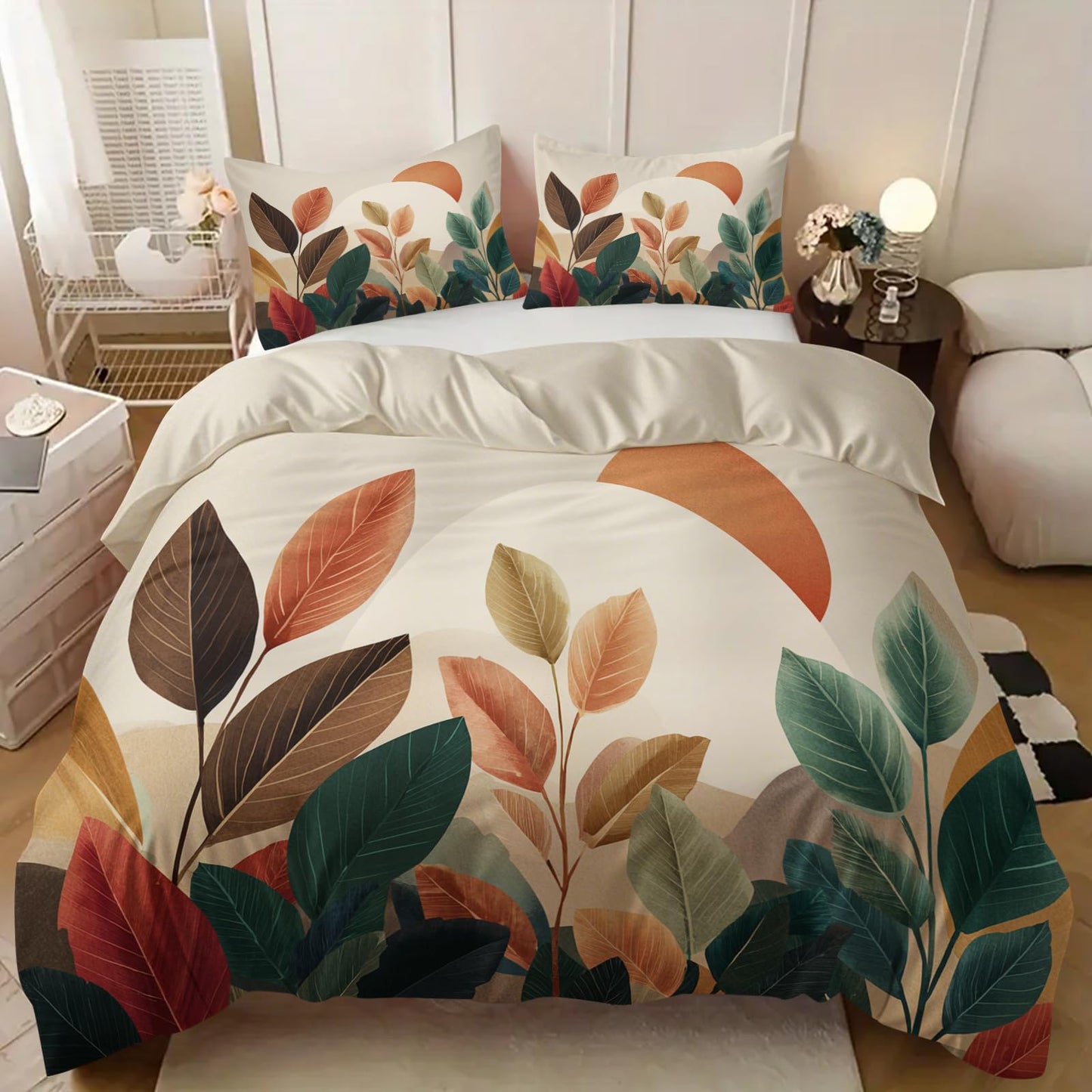 Boho Duvet Cover Set 3 Pieces California King, Mid Century Modern Abstract Botanical Sun and Leaves Bedding Set, Soft Microfiber Comforter Cover with 2 Pillow Shams