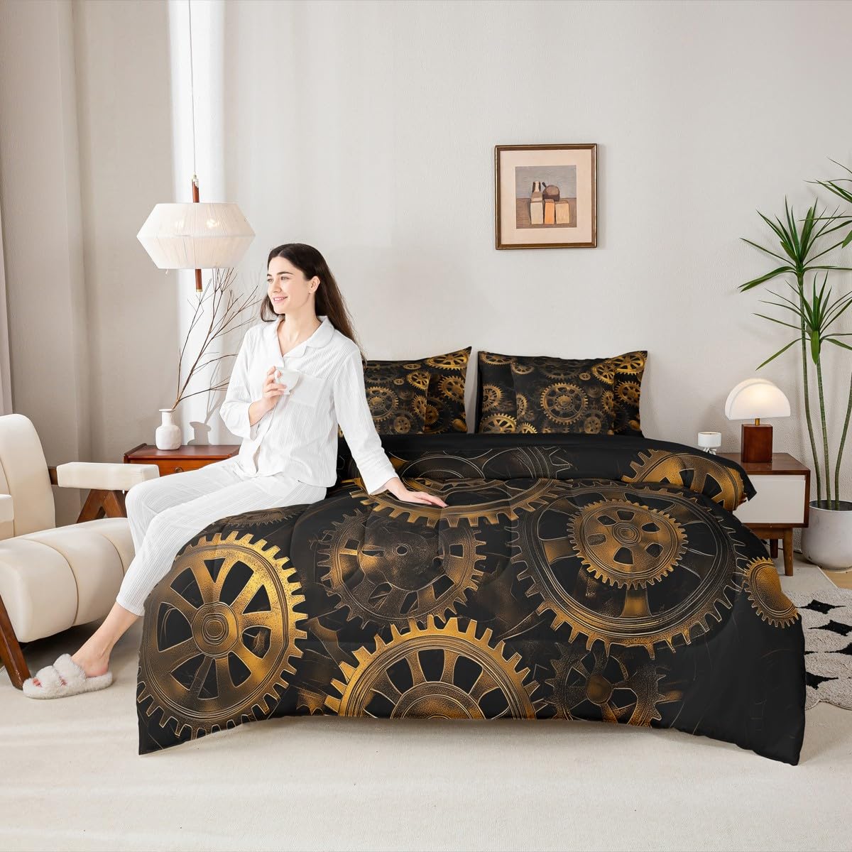 Erosebridal Golden Ndustrial Gear King Comforter Set, Steampunk Style 7-Piece Bed in A Bag, Clocks Theme Sheets and Pillowcases, Retro Mechanical Device Kids Adult Bed Sets