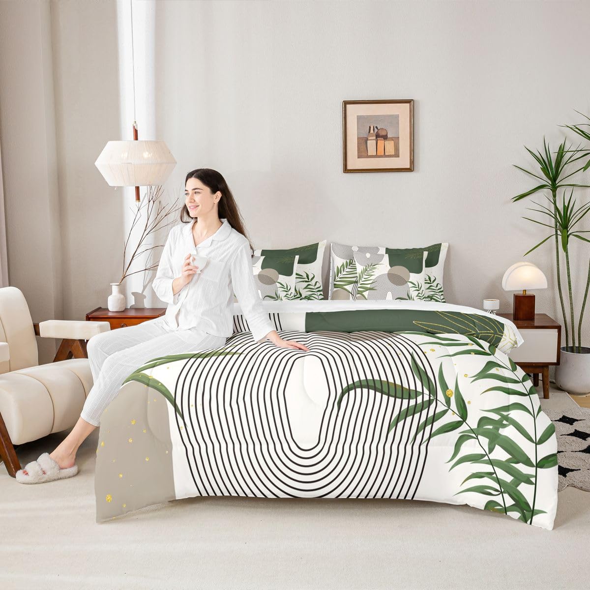 Erosebridal Boho Mid Century King Size 7 Pcs Bedding Set, Abstract Geometric Comforter Set with Sheets, Modern Bohemian Minimalist Bed Sets, Grey Green Circle Contemporary Chic Bed in A Bag
