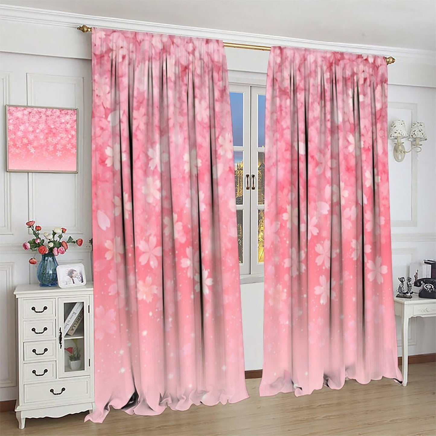 Mchenxin Spring Cherry Blossom Curtains, Abstract Pink Galaxy Japanese Cherry Blossom Flower Print Window Treamtents for Girls Women Bedroom Living Room, 42x45in (No Blackout)