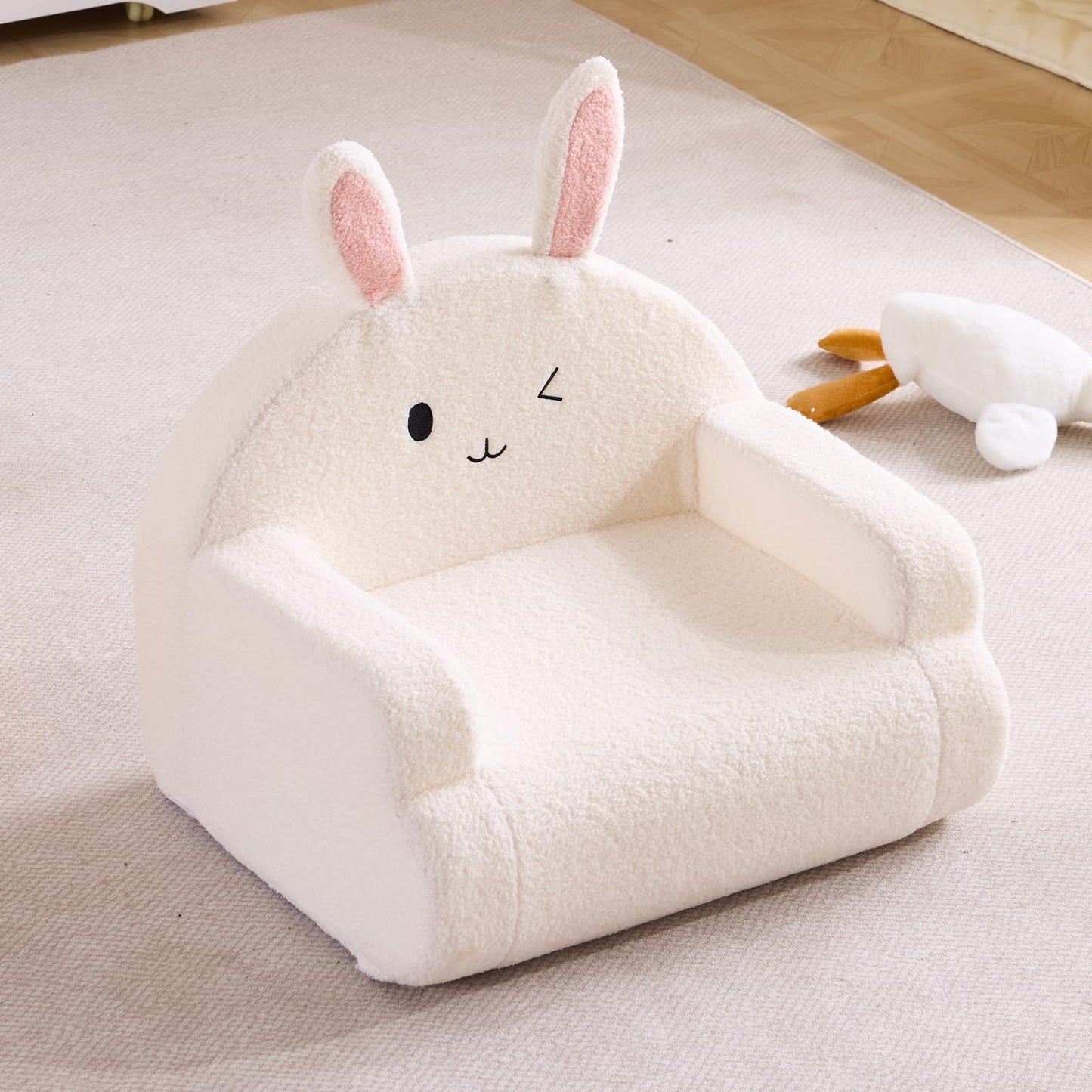 Karl home Toddler Chair Comfy, Toddler Reading Chair, Cute Animal Series Kid's Chair, Foam Kids Sofa with Soft Teddy Plush, Outdoor Furniture for Backyard Patio Garden Playroom Preschool, White Bunny