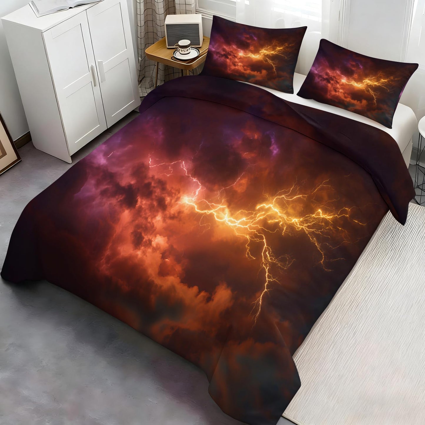 Lightning Duvet Cover Full Size, Cosmic Nebula Comforter Cover 80" x 90", Golden Lightning Bedding Set with 2 Pillowcases