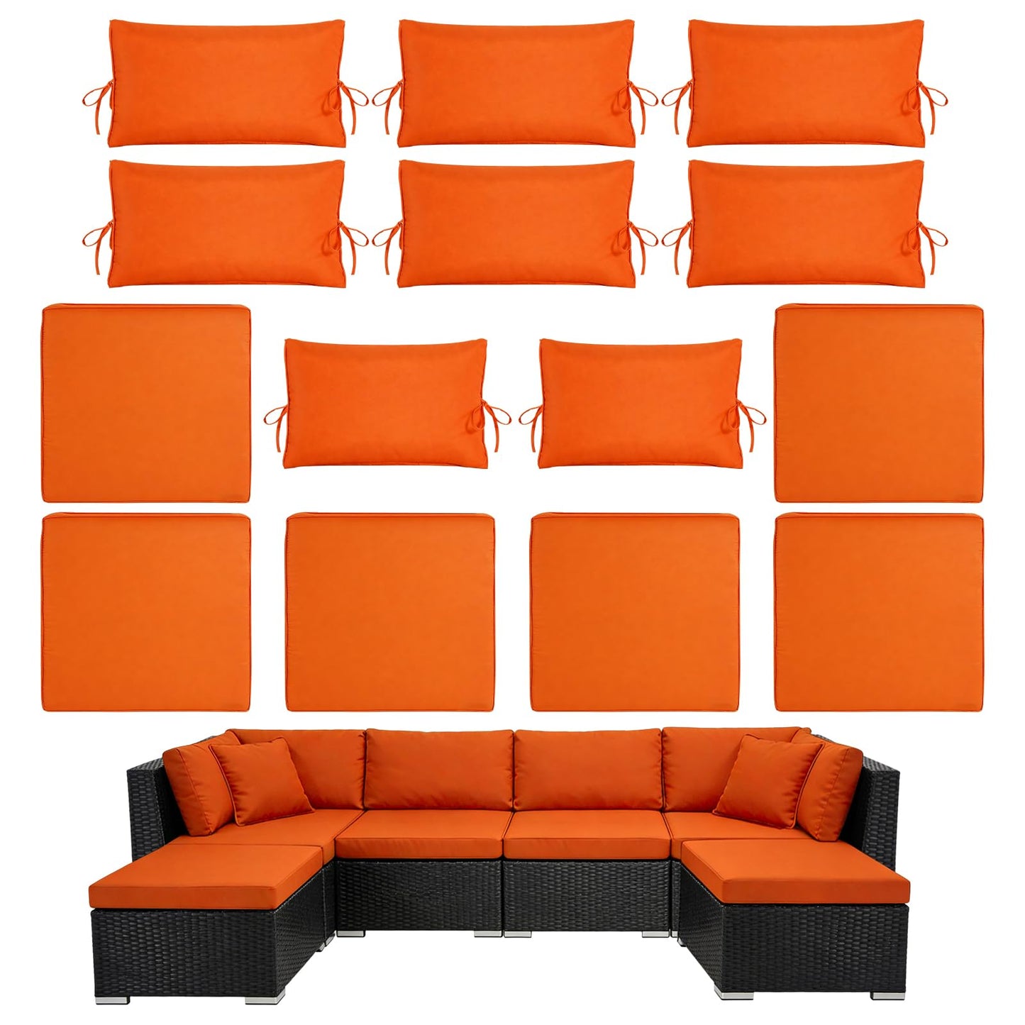 Cabubra 14pcs Outdoor Patio Furniture Cushion Covers, Waterproof & Sun-Resistant Zippered,Fit for Patio Furniture Sectional Sofas and Wicker Rocking Chairs,3 Sizes,Orange,Covers Only